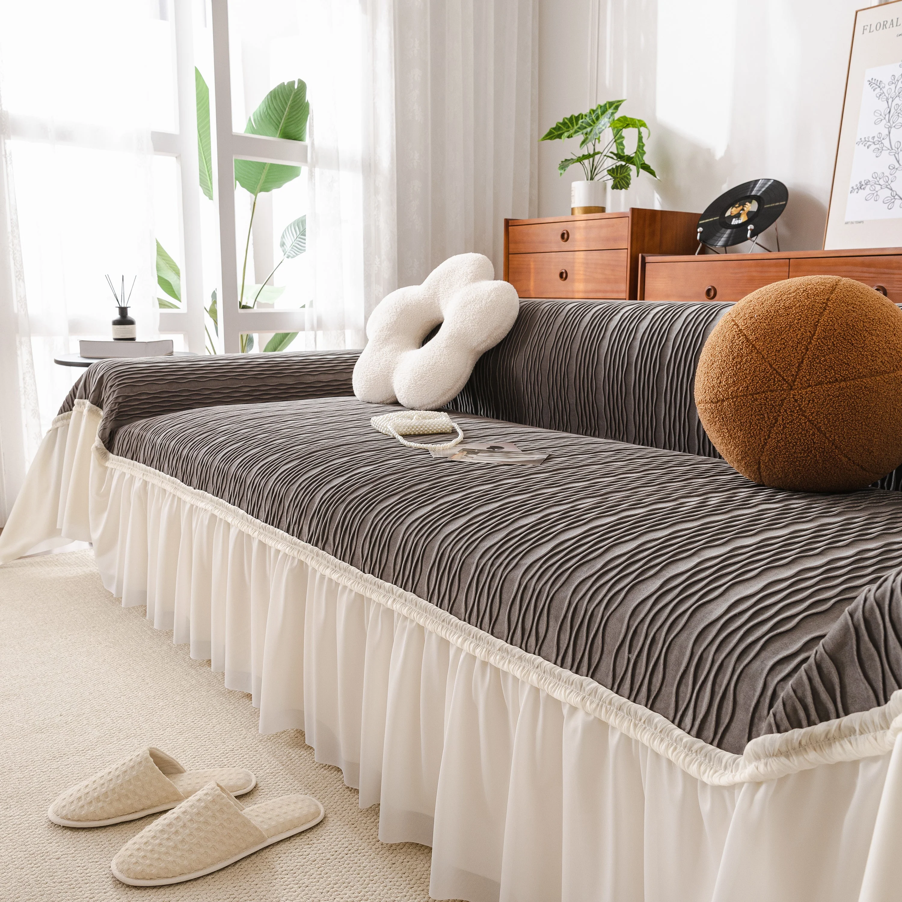 Soft Warm Flannel Couch Cover Throw Blanket with French Flounce, Beautiful Furniture Throws for Sofas - Image 96
