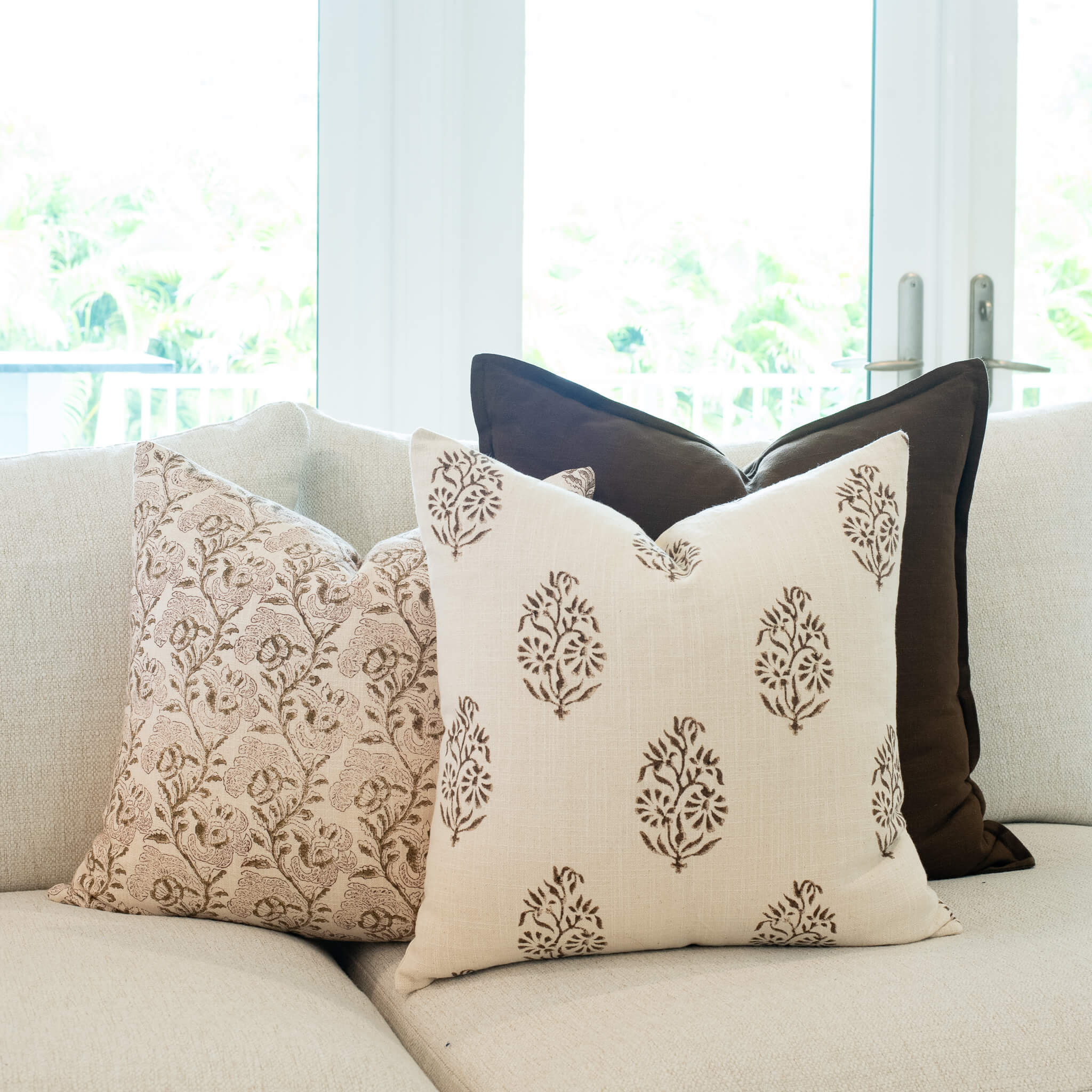 Solana Floral Block Printed Pillow Cover | Brown - Image 2