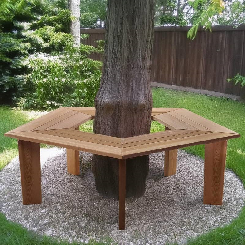 Solid Cedar Wood Outdoor 5 Sided Pentagon Tree Wrap Garden Bench - Image 2