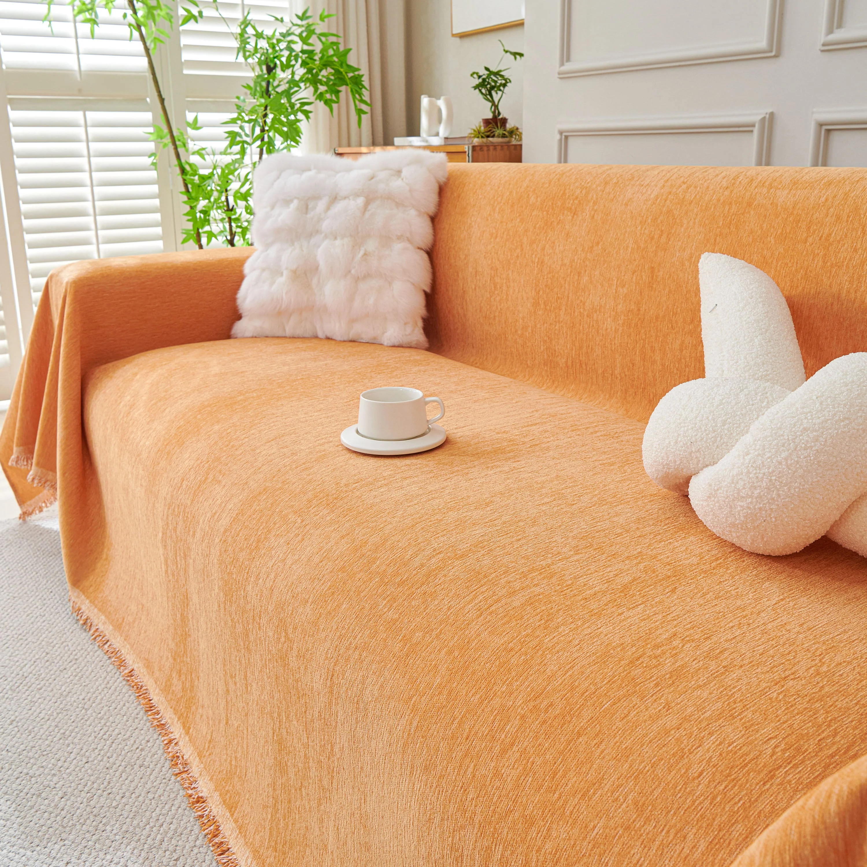 Solid Color Chenille Sofa Throw Blanket, Cozy & Easy Care Fringed Furniture Protector - Image 10