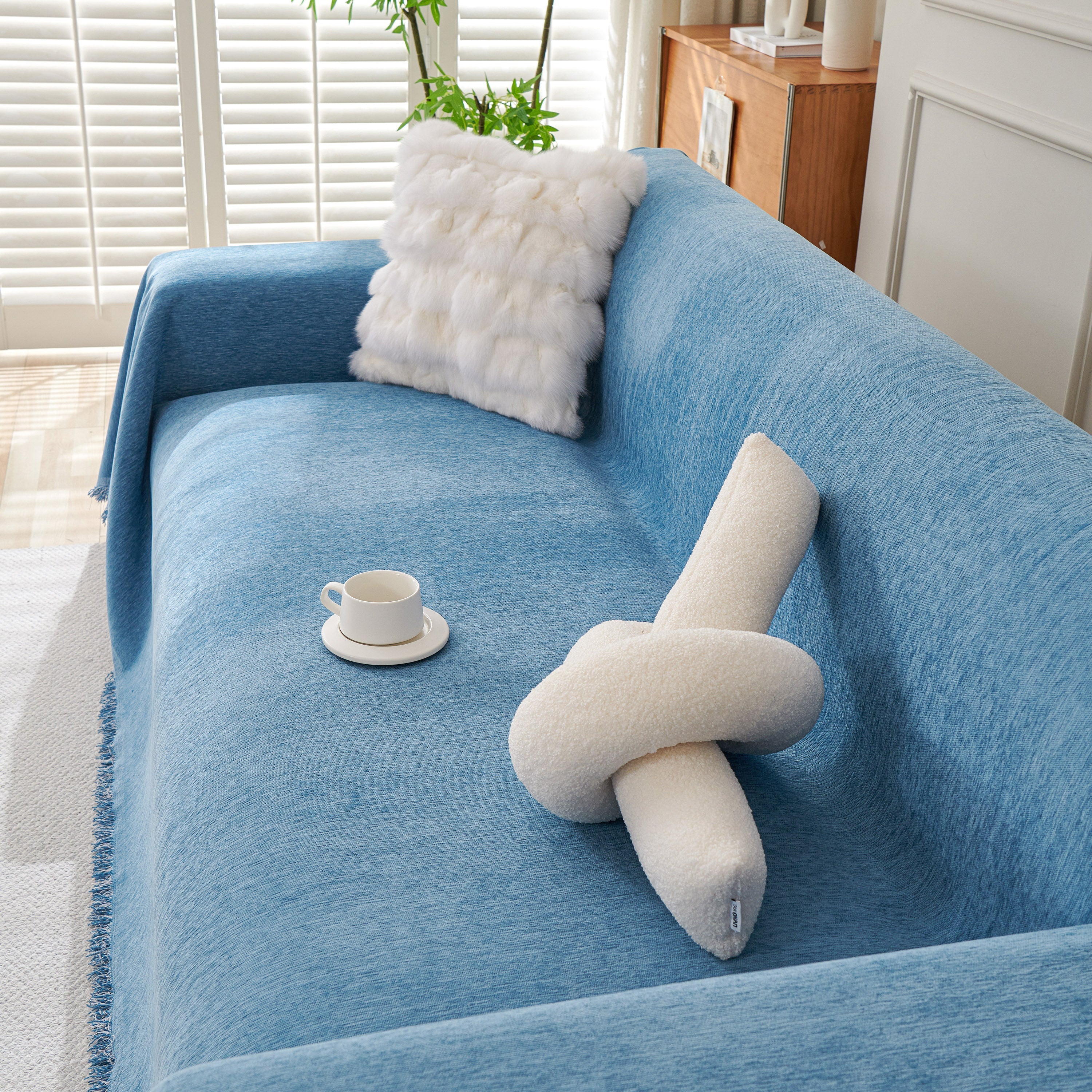 Solid Color Chenille Sofa Throw Blanket, Cozy & Easy Care Fringed Furniture Protector - Image 100
