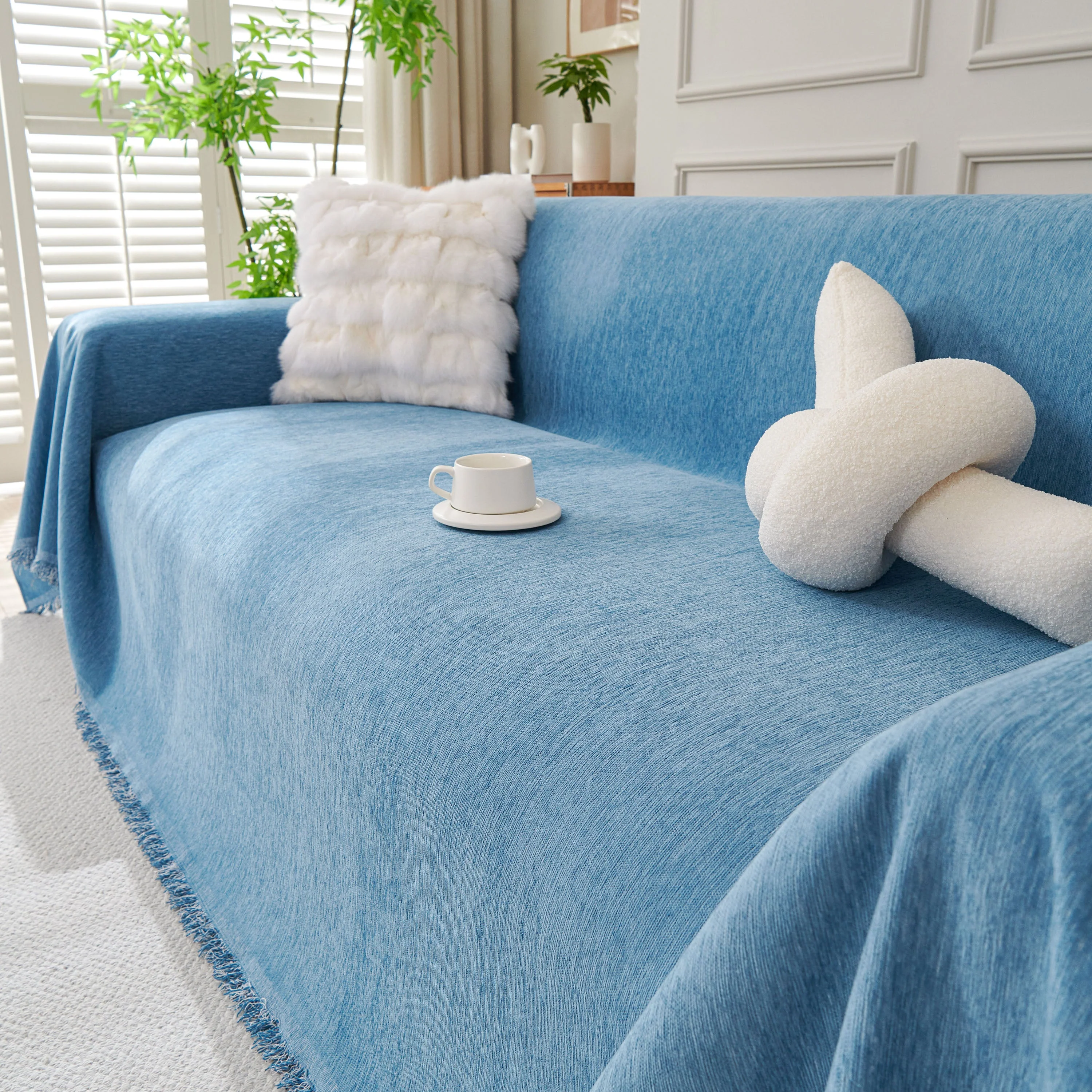 Solid Color Chenille Sofa Throw Blanket, Cozy & Easy Care Fringed Furniture Protector - Image 101