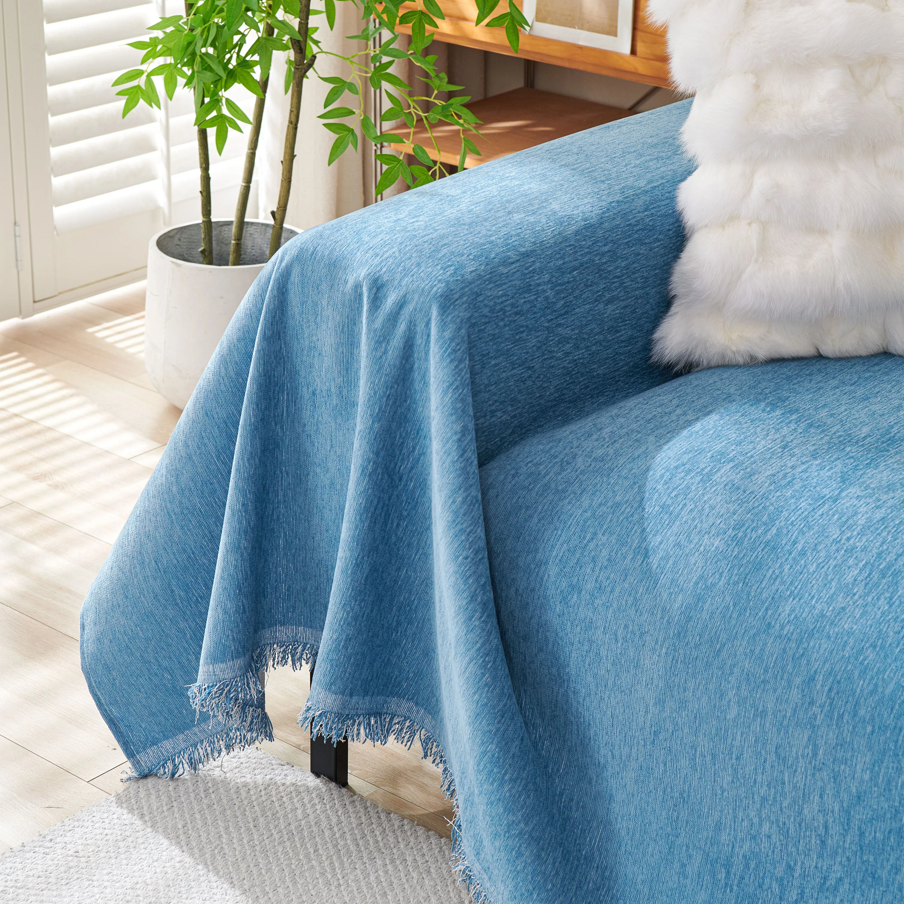 Solid Color Chenille Sofa Throw Blanket, Cozy & Easy Care Fringed Furniture Protector - Image 102