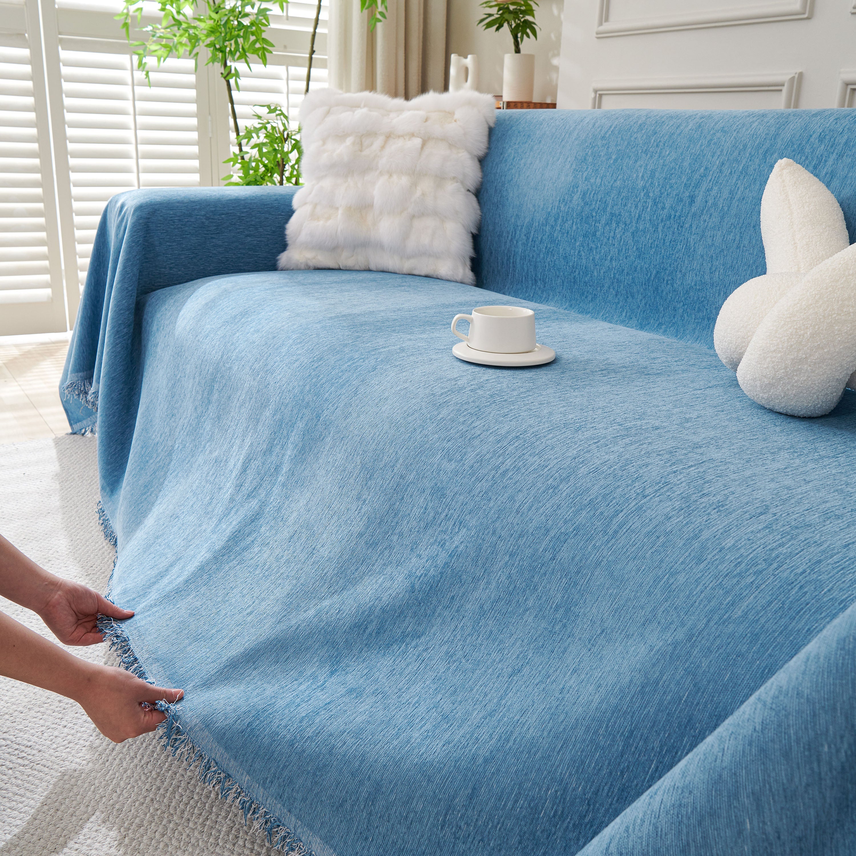 Solid Color Chenille Sofa Throw Blanket, Cozy & Easy Care Fringed Furniture Protector - Image 103