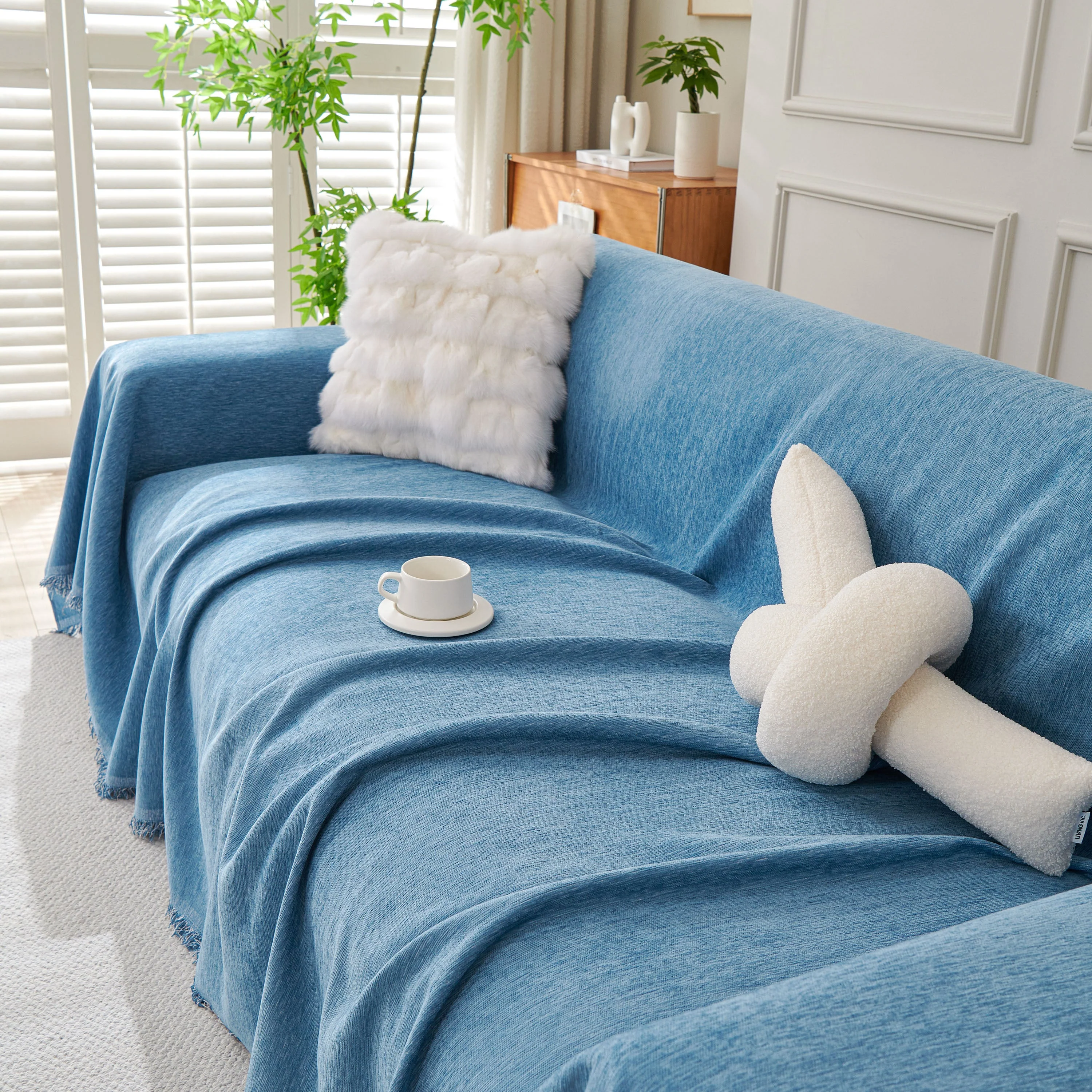 Solid Color Chenille Sofa Throw Blanket, Cozy & Easy Care Fringed Furniture Protector - Image 104