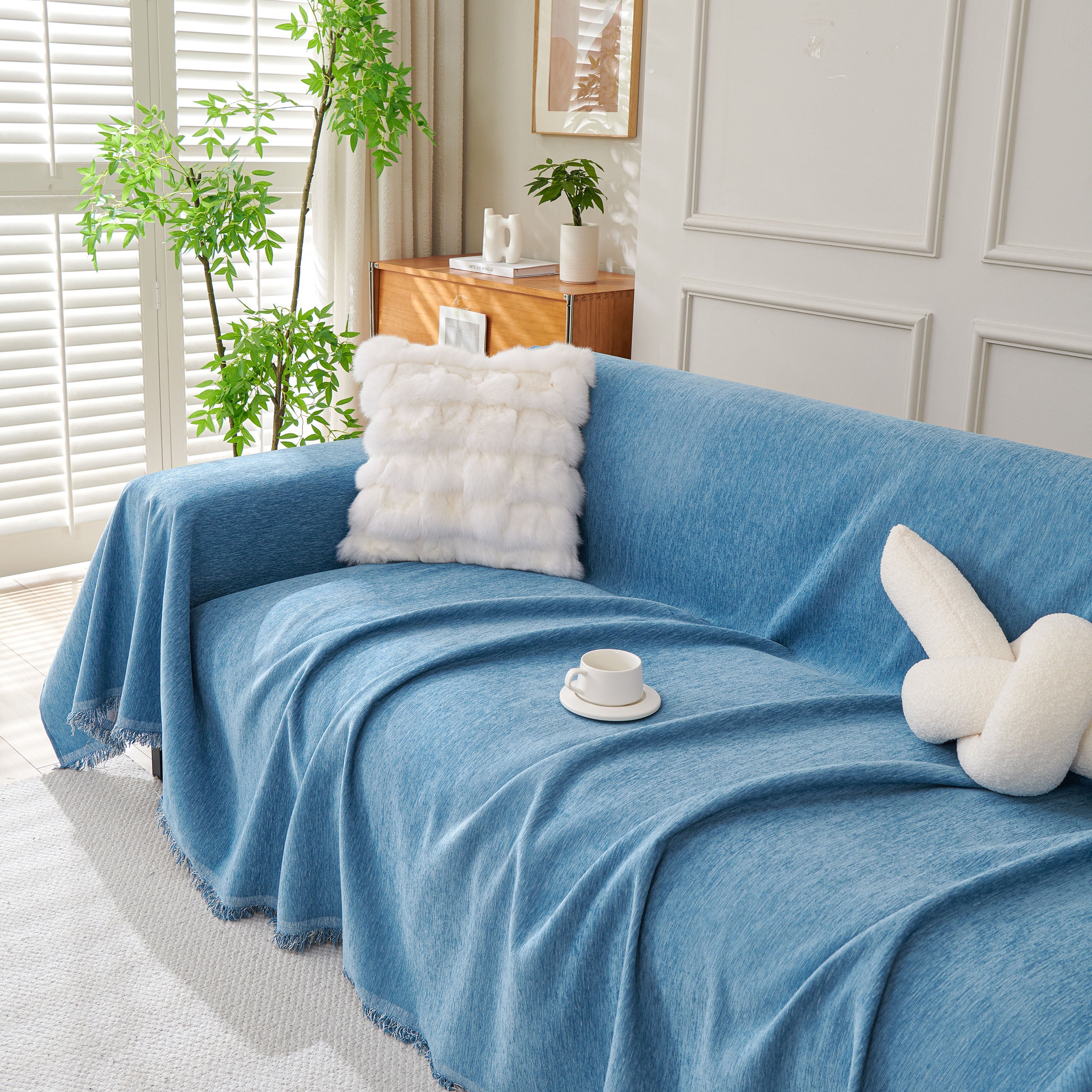 Solid Color Chenille Sofa Throw Blanket, Cozy & Easy Care Fringed Furniture Protector - Image 105
