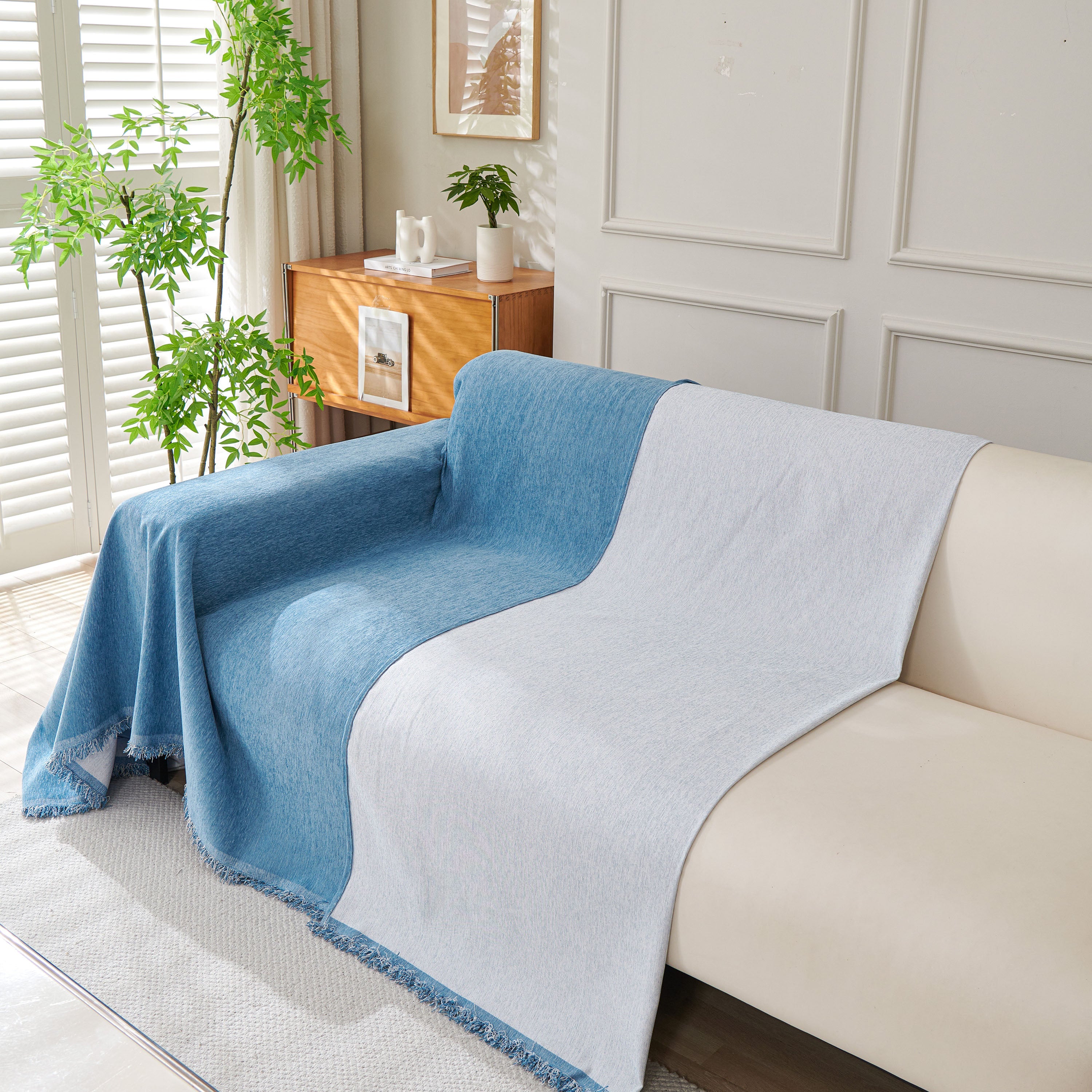 Solid Color Chenille Sofa Throw Blanket, Cozy & Easy Care Fringed Furniture Protector - Image 109
