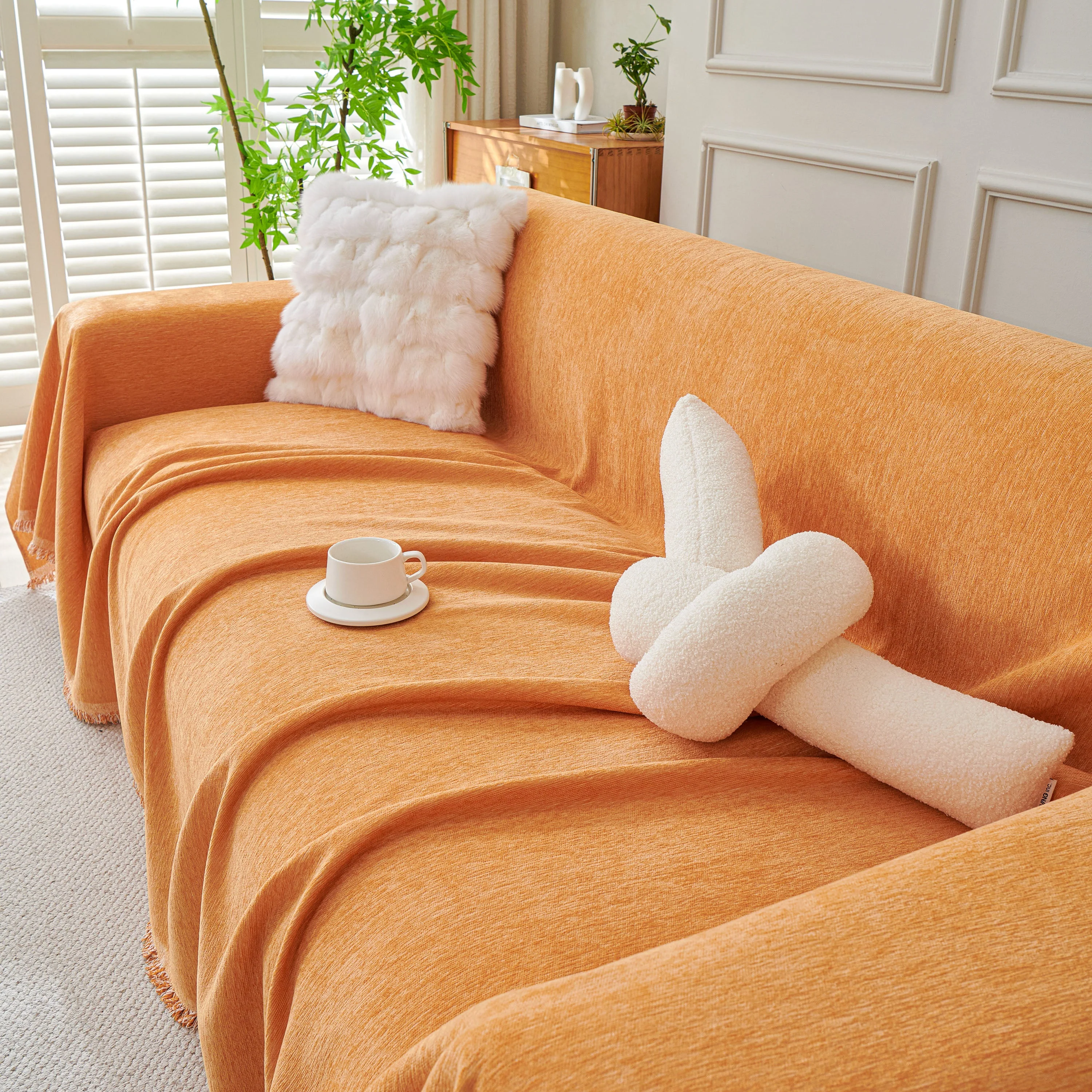 Solid Color Chenille Sofa Throw Blanket, Cozy & Easy Care Fringed Furniture Protector - Image 11