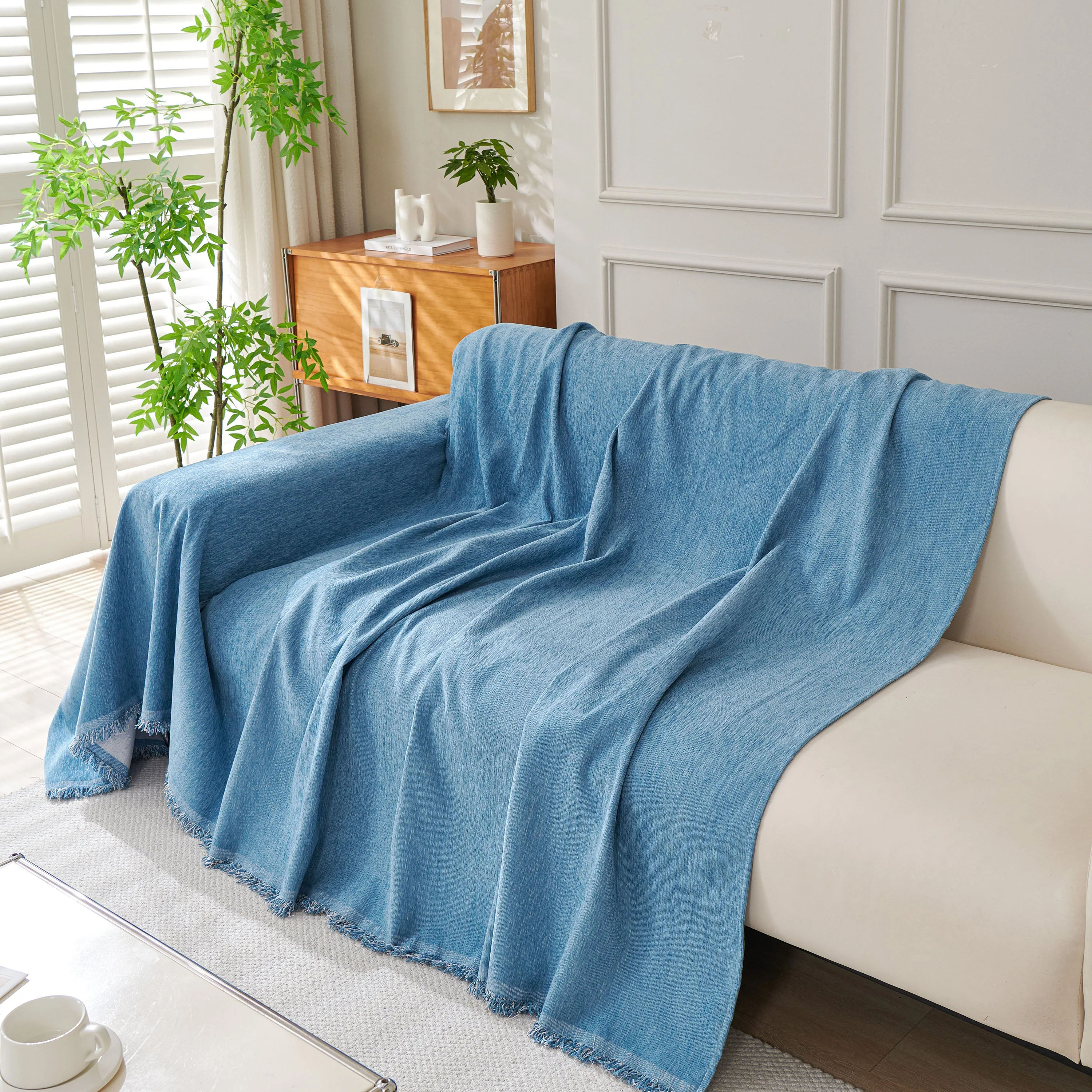 Solid Color Chenille Sofa Throw Blanket, Cozy & Easy Care Fringed Furniture Protector - Image 110