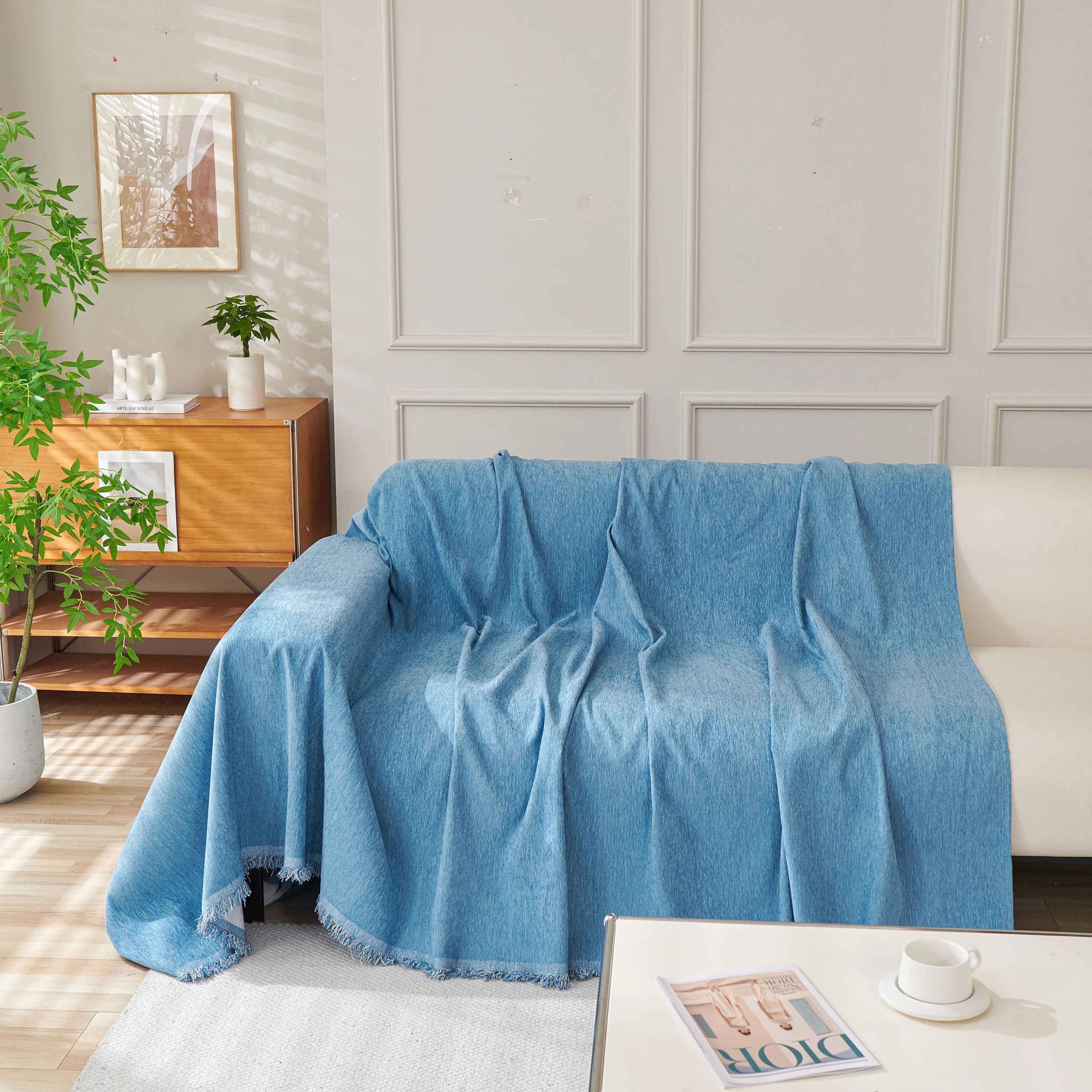 Solid Color Chenille Sofa Throw Blanket, Cozy & Easy Care Fringed Furniture Protector - Image 111