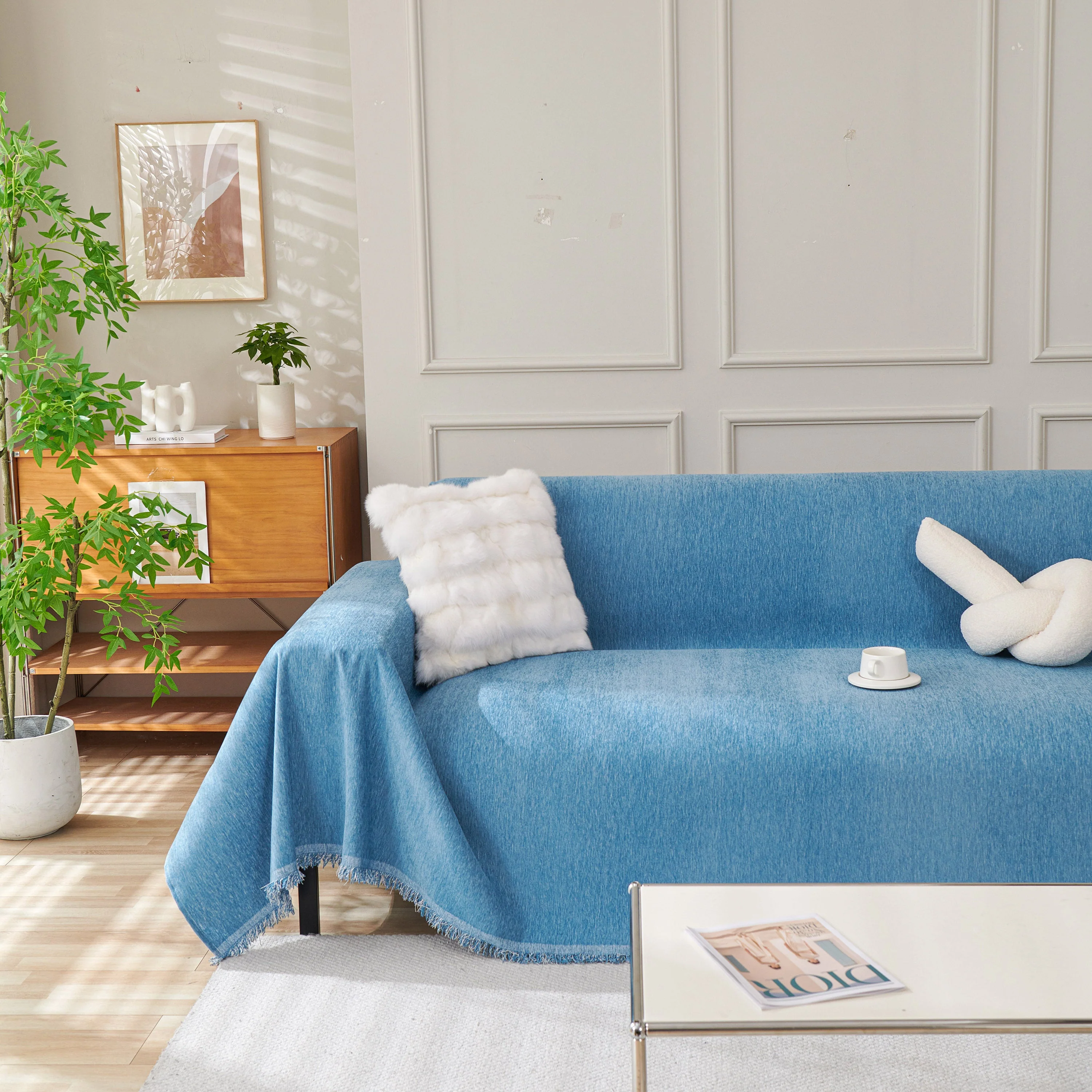 Solid Color Chenille Sofa Throw Blanket, Cozy & Easy Care Fringed Furniture Protector - Image 112