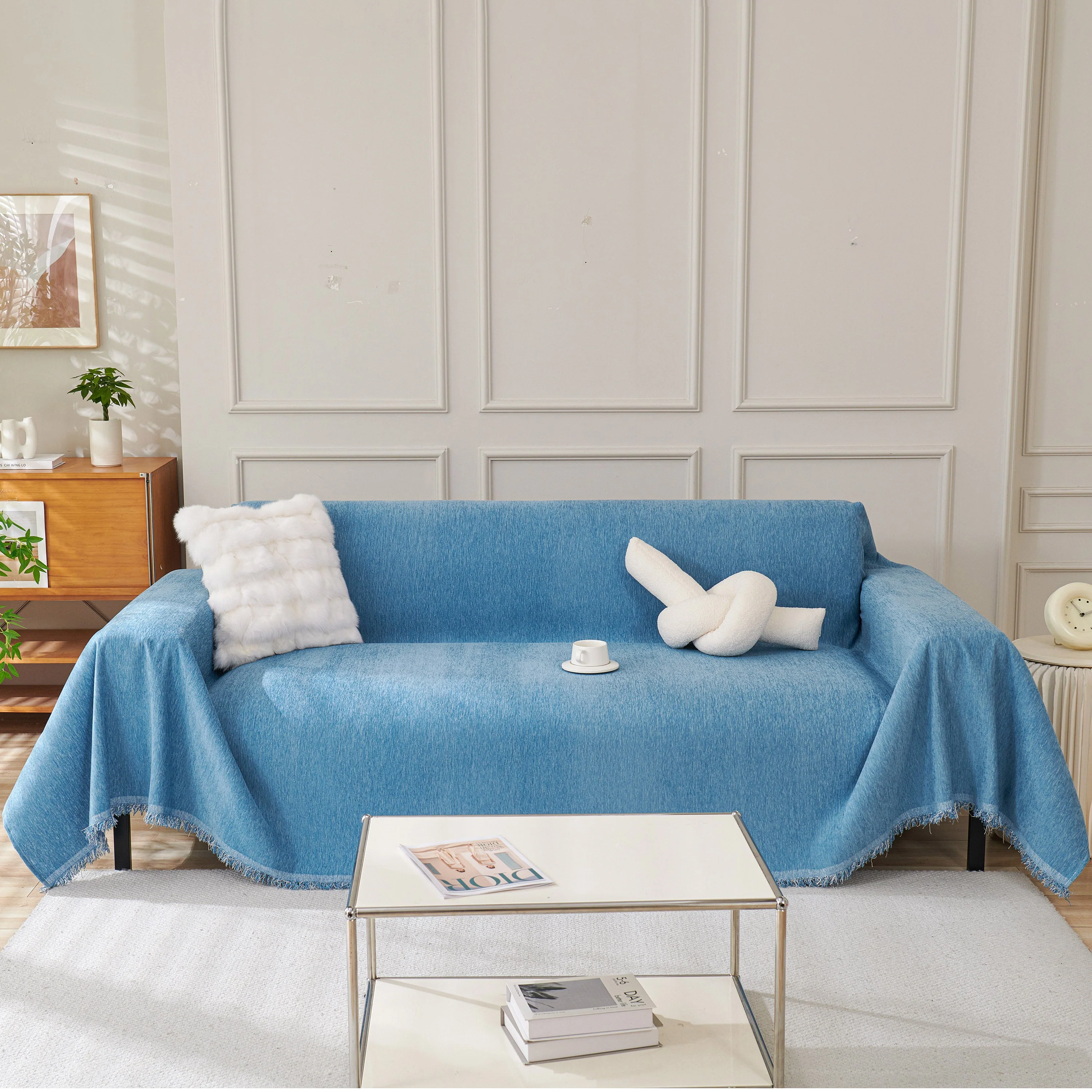 Solid Color Chenille Sofa Throw Blanket, Cozy & Easy Care Fringed Furniture Protector - Image 113
