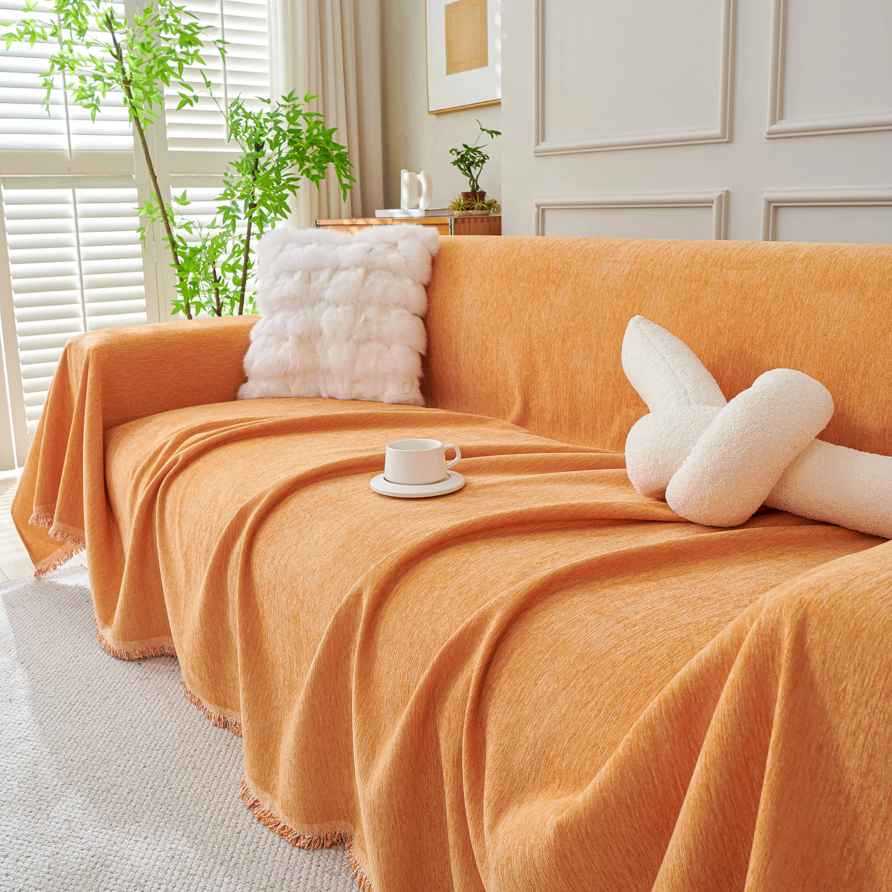 Solid Color Chenille Sofa Throw Blanket, Cozy & Easy Care Fringed Furniture Protector - Image 12