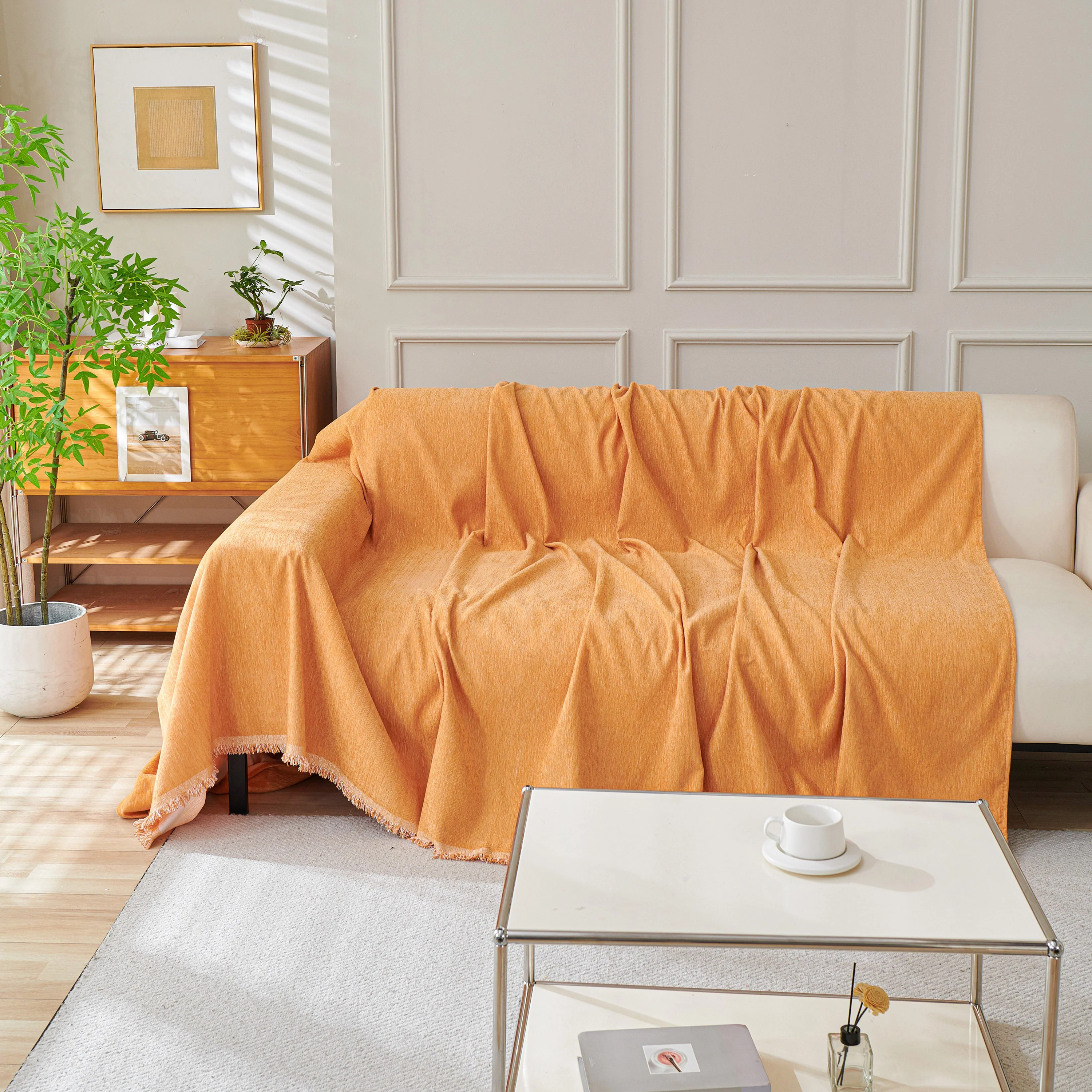 Solid Color Chenille Sofa Throw Blanket, Cozy & Easy Care Fringed Furniture Protector - Image 19