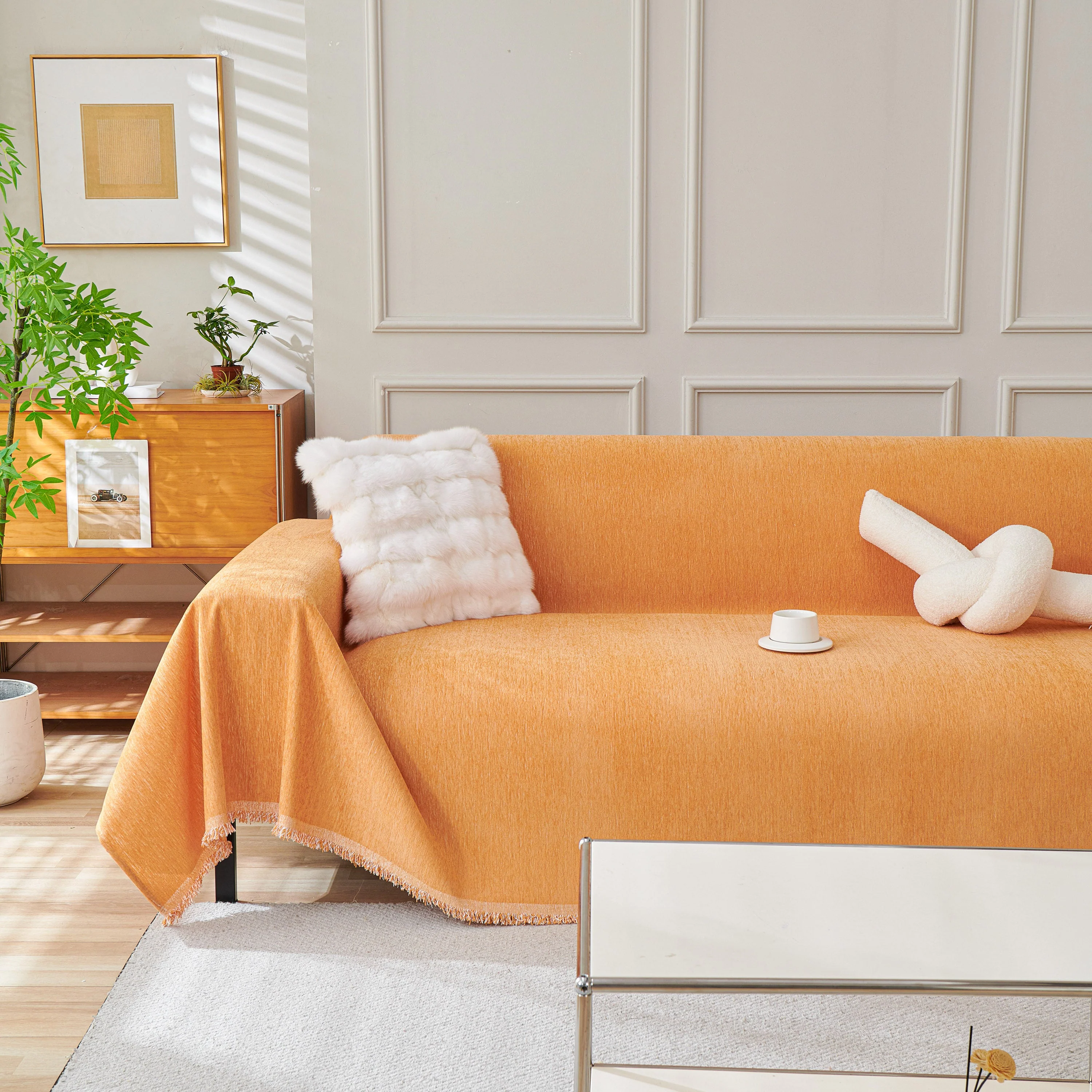 Solid Color Chenille Sofa Throw Blanket, Cozy & Easy Care Fringed Furniture Protector - Image 20