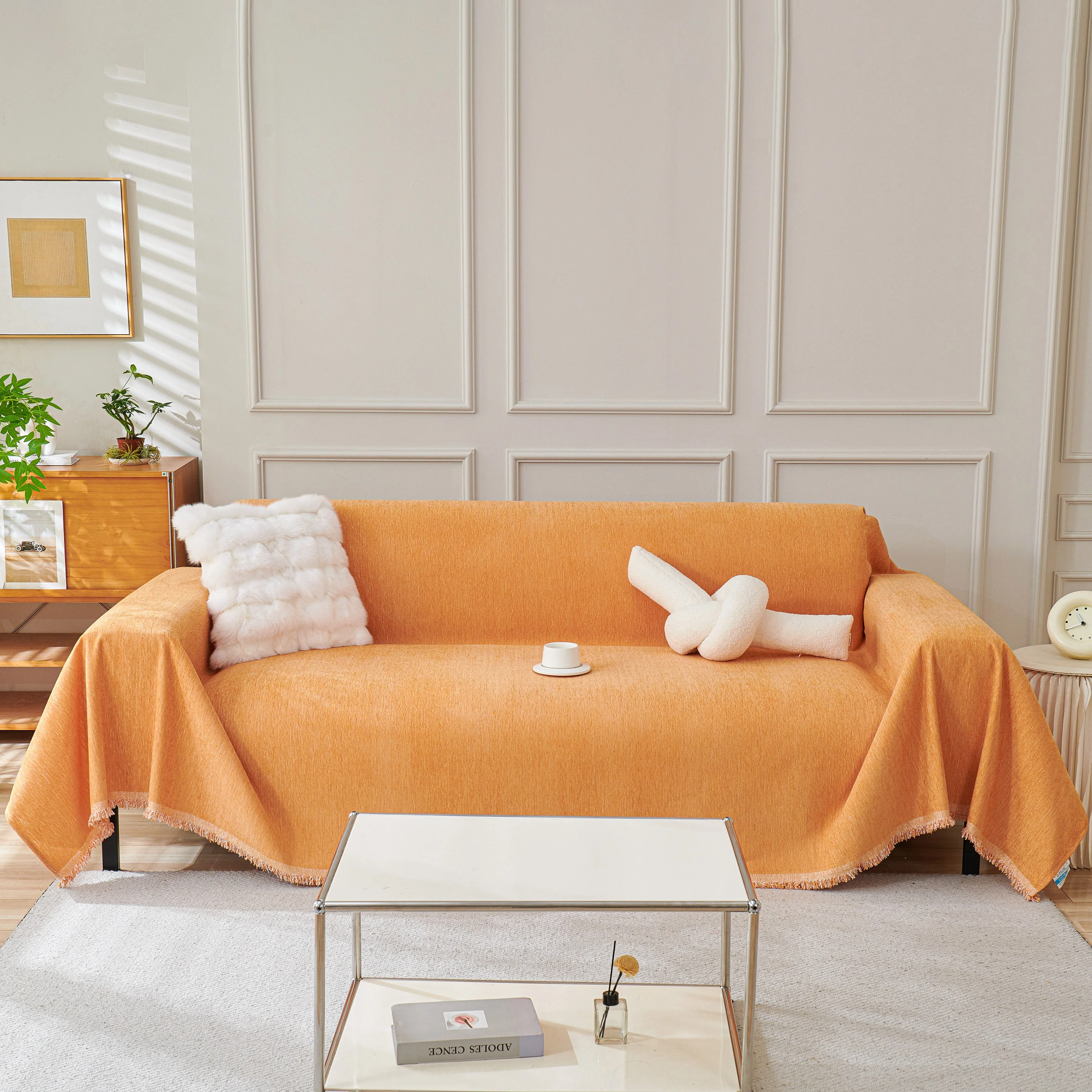 Solid Color Chenille Sofa Throw Blanket, Cozy & Easy Care Fringed Furniture Protector - Image 21