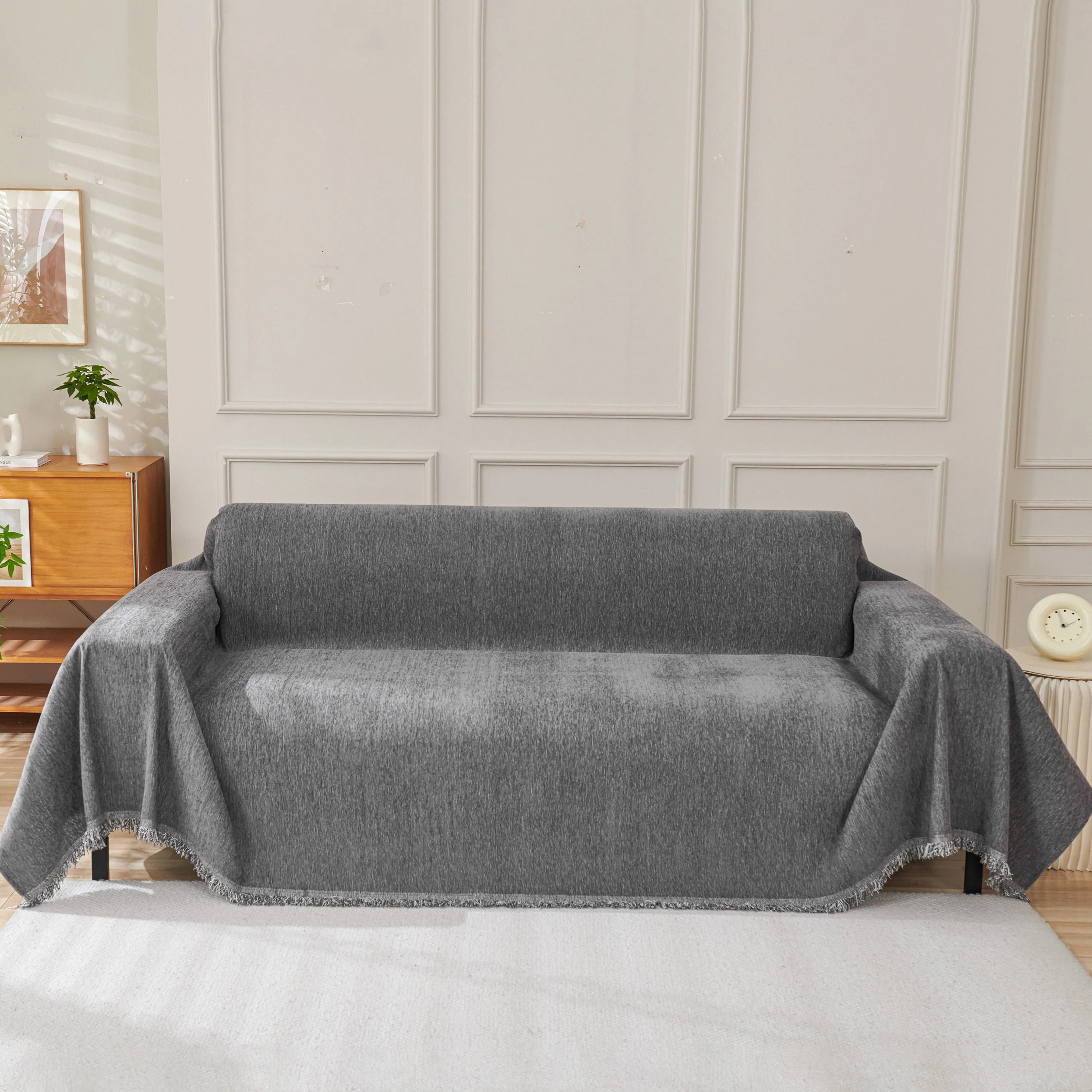 Solid Color Chenille Sofa Throw Blanket, Cozy & Easy Care Fringed Furniture Protector - Image 22