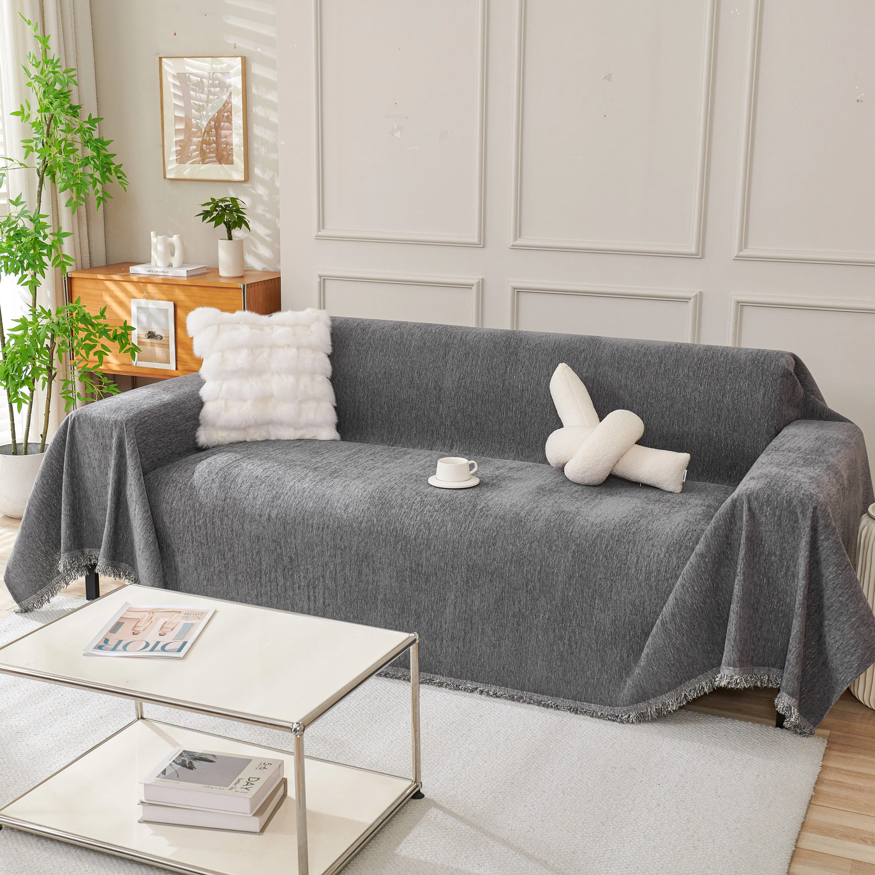 Solid Color Chenille Sofa Throw Blanket, Cozy & Easy Care Fringed Furniture Protector - Image 23