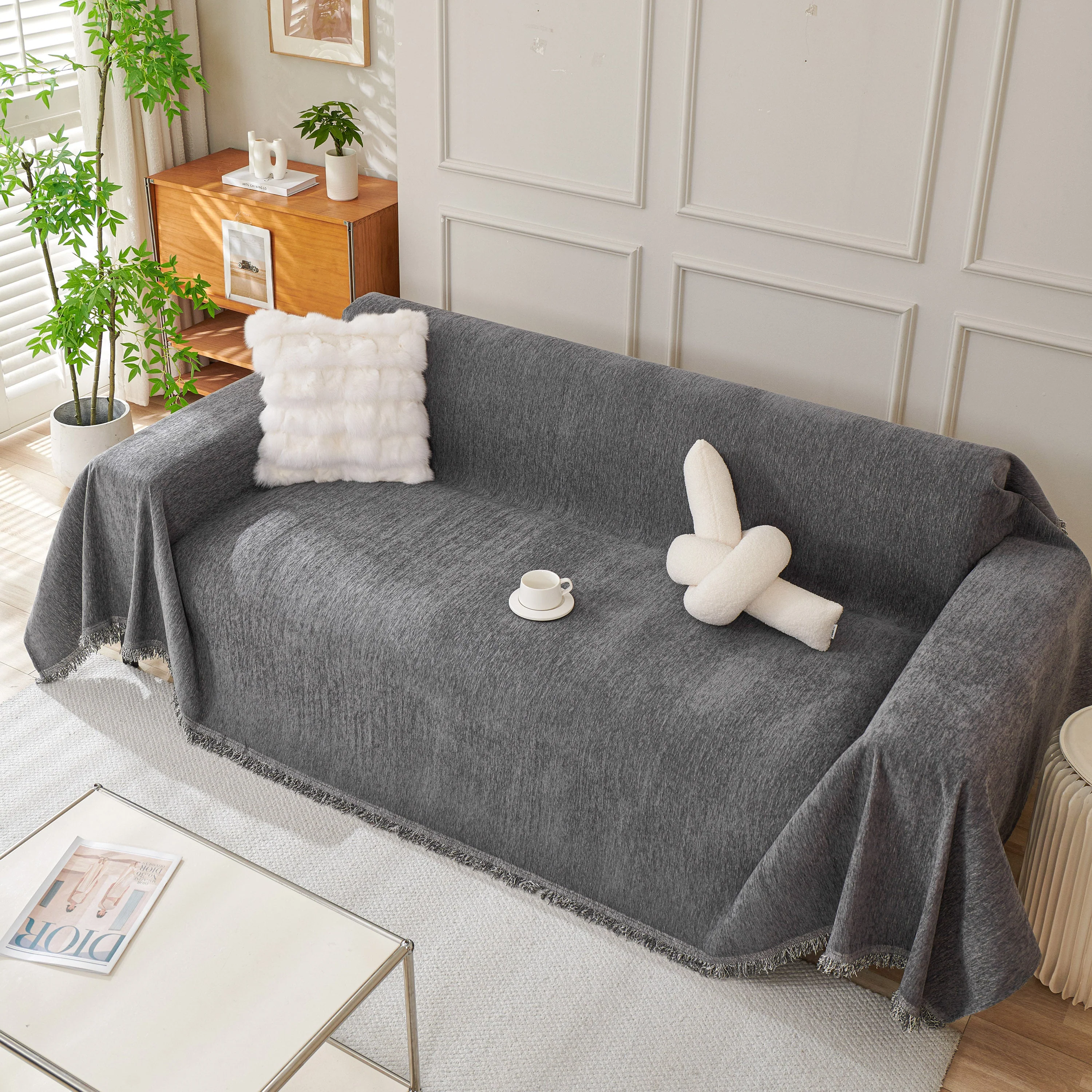 Solid Color Chenille Sofa Throw Blanket, Cozy & Easy Care Fringed Furniture Protector - Image 24