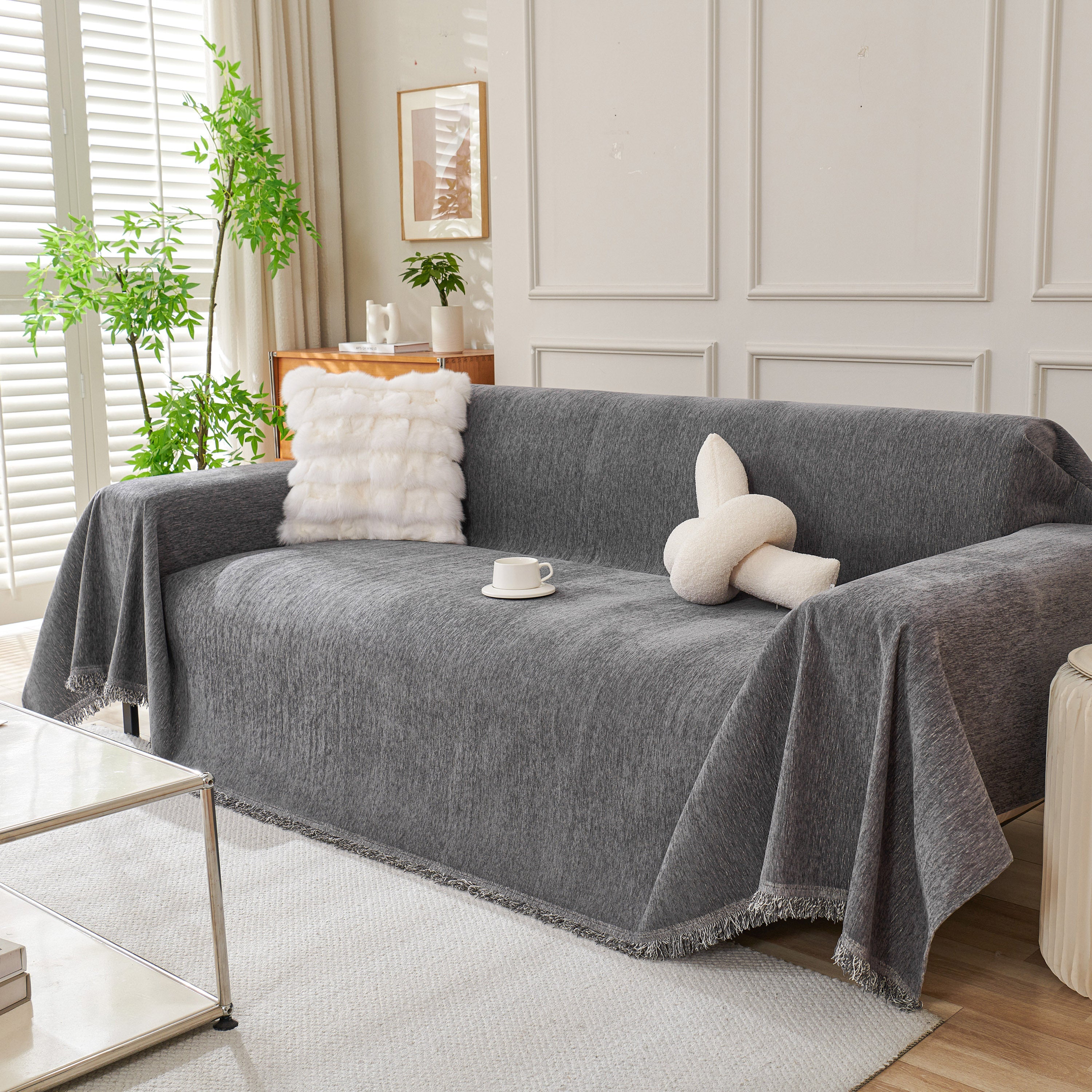 Solid Color Chenille Sofa Throw Blanket, Cozy & Easy Care Fringed Furniture Protector - Image 25