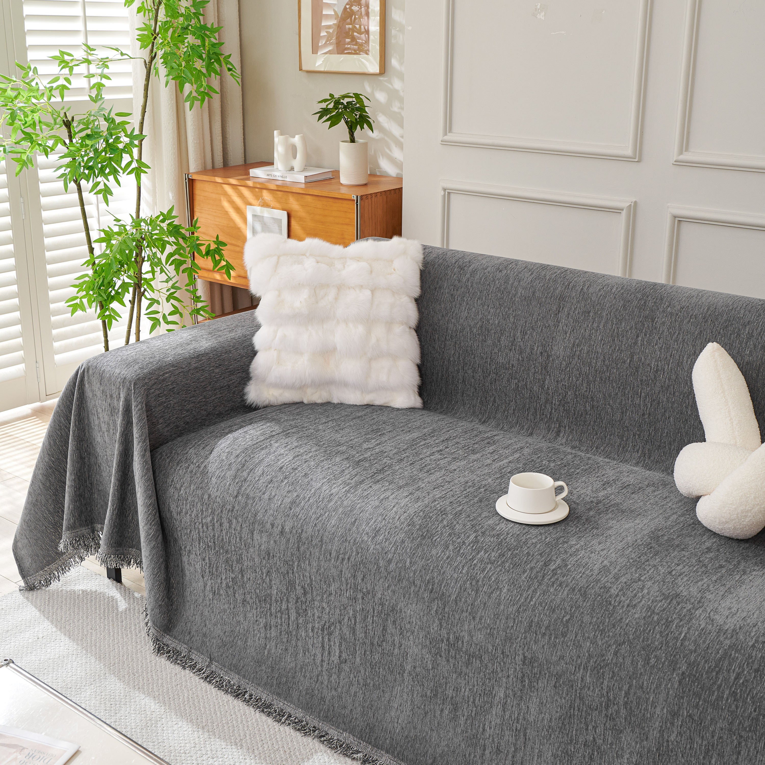Solid Color Chenille Sofa Throw Blanket, Cozy & Easy Care Fringed Furniture Protector - Image 26