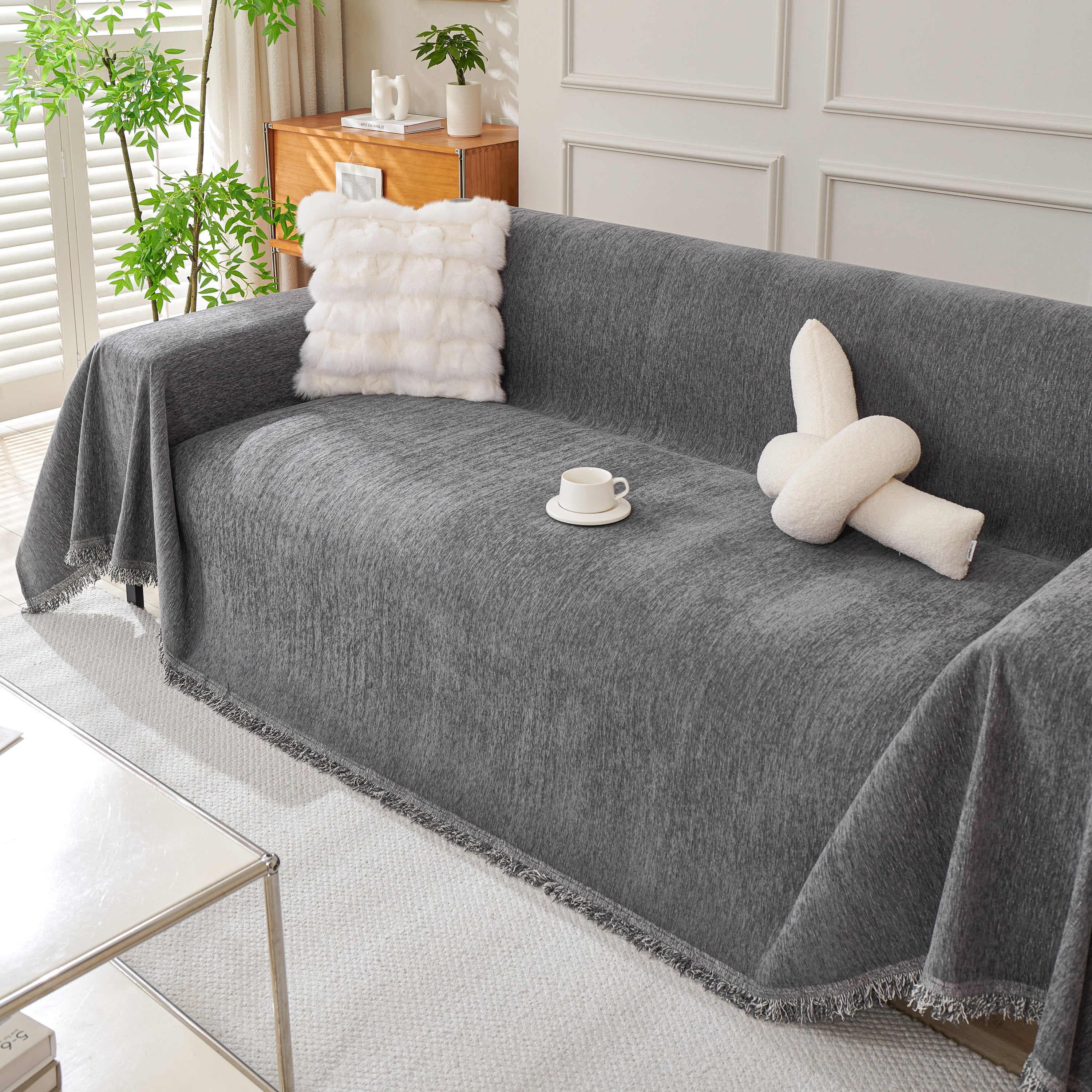 Solid Color Chenille Sofa Throw Blanket, Cozy & Easy Care Fringed Furniture Protector - Image 27