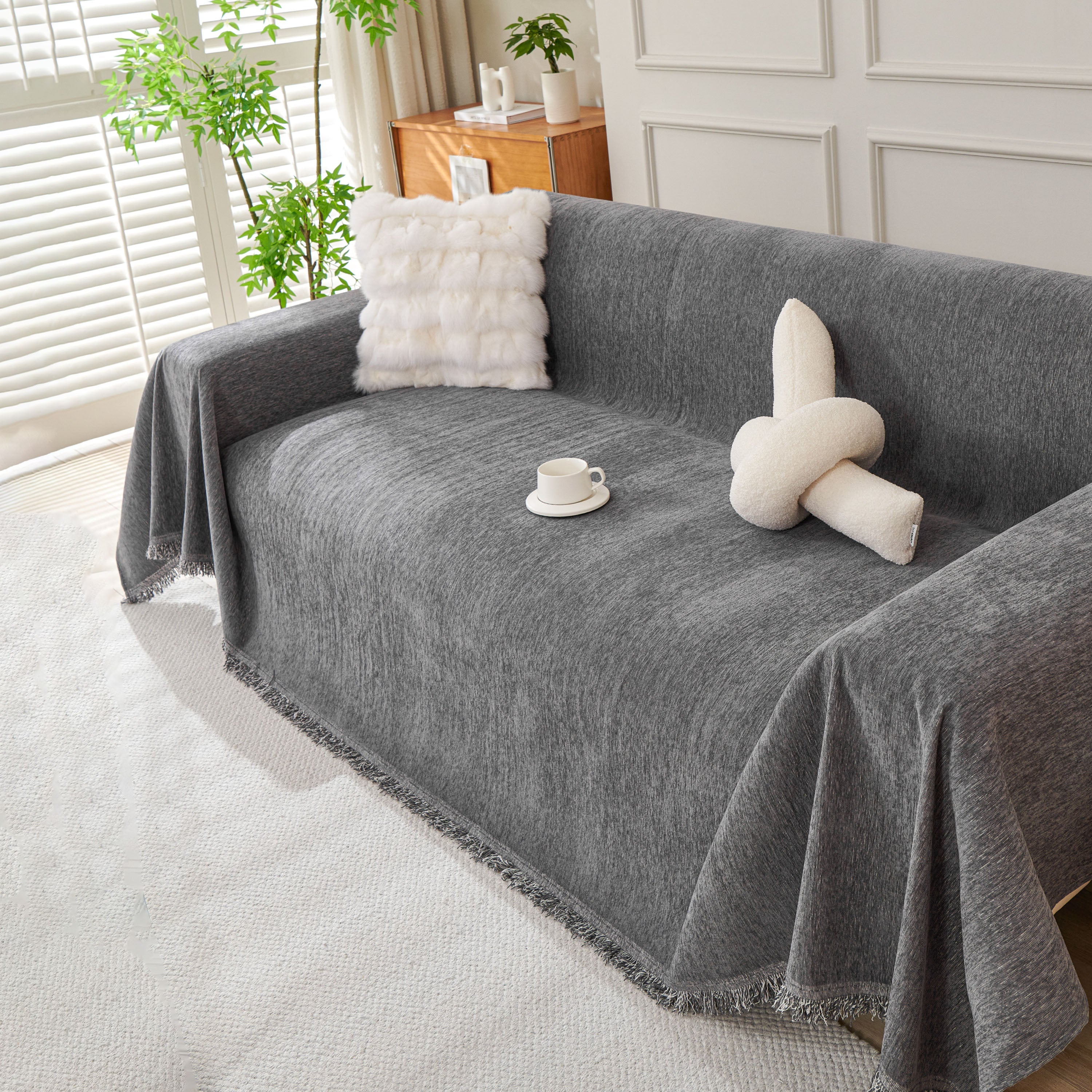 Solid Color Chenille Sofa Throw Blanket, Cozy & Easy Care Fringed Furniture Protector - Image 28
