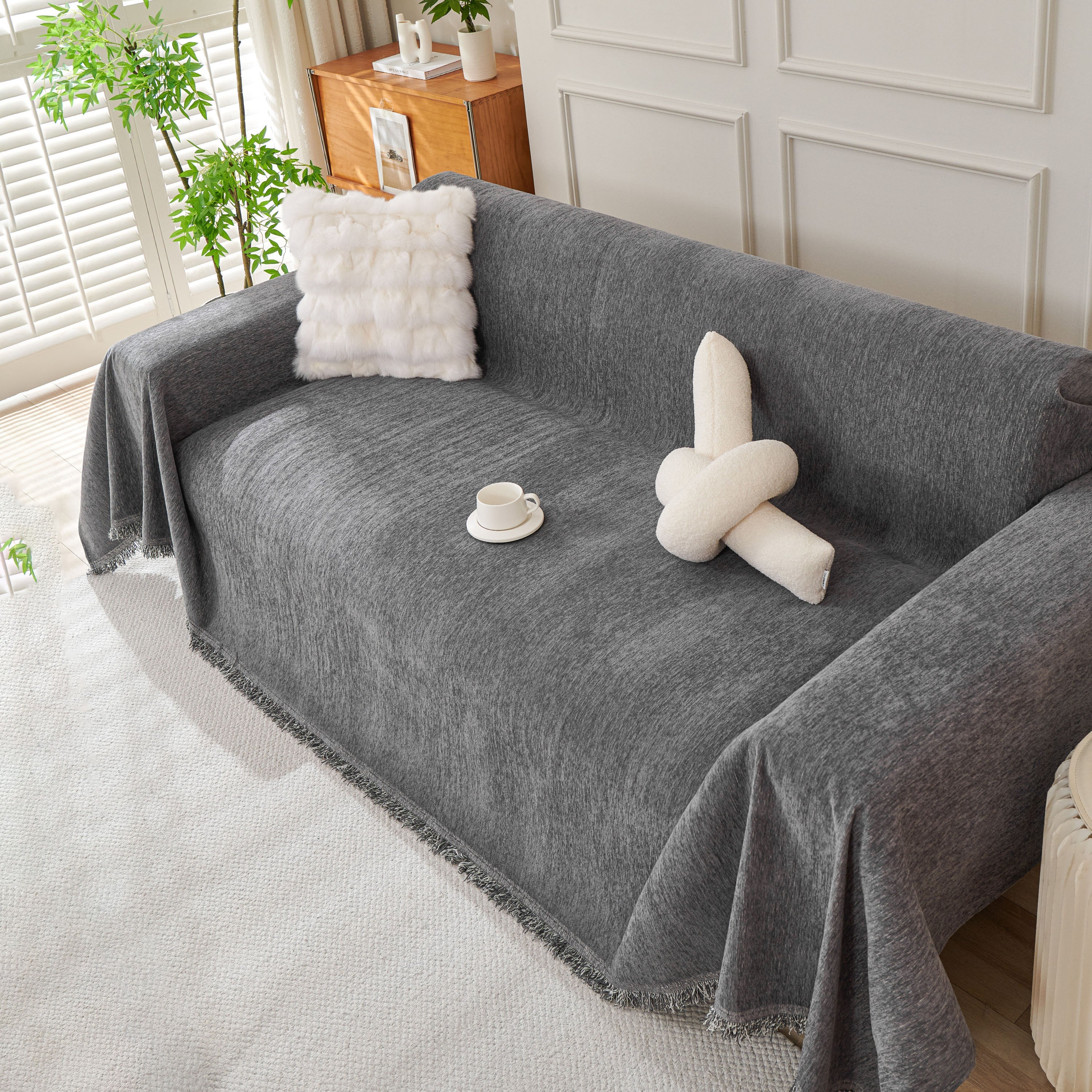 Solid Color Chenille Sofa Throw Blanket, Cozy & Easy Care Fringed Furniture Protector - Image 29