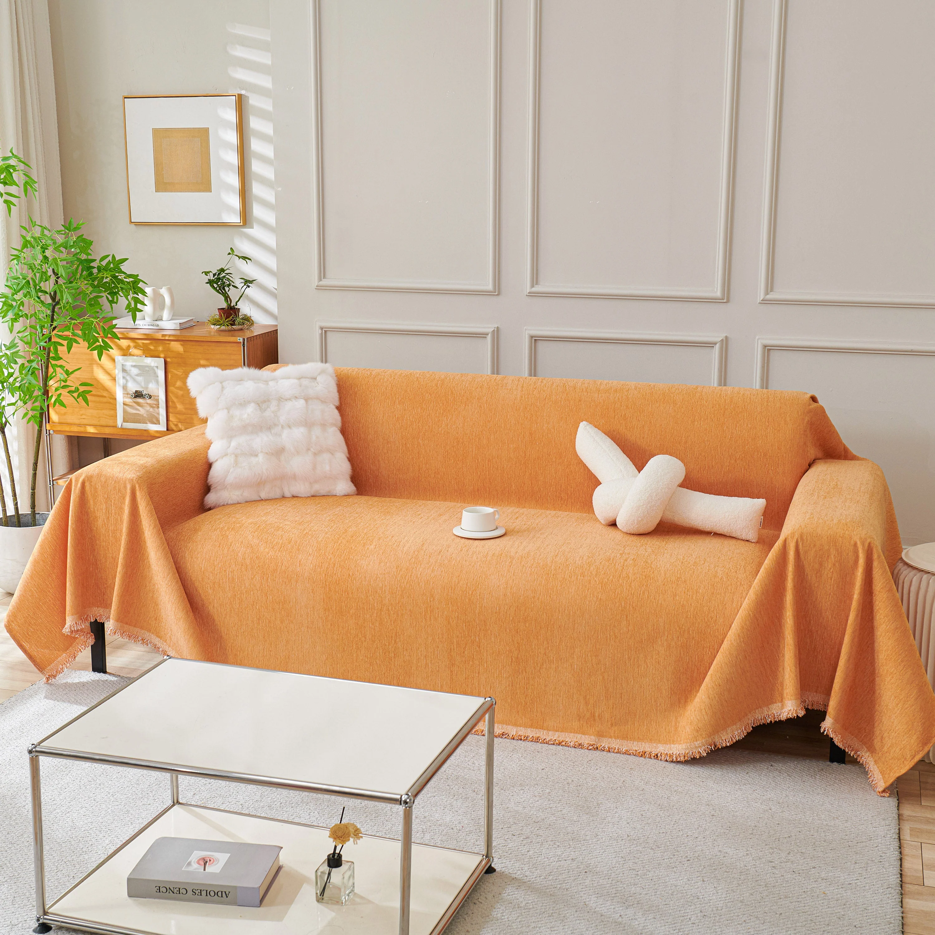 Solid Color Chenille Sofa Throw Blanket, Cozy & Easy Care Fringed Furniture Protector - Image 3