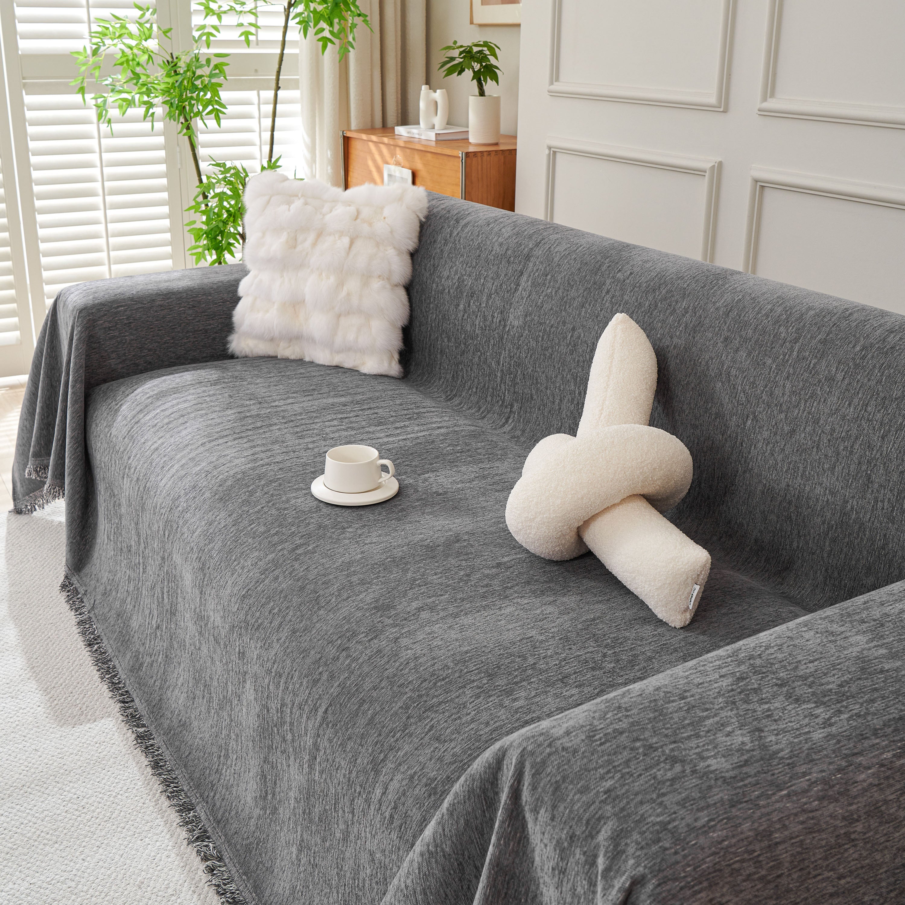 Solid Color Chenille Sofa Throw Blanket, Cozy & Easy Care Fringed Furniture Protector - Image 30