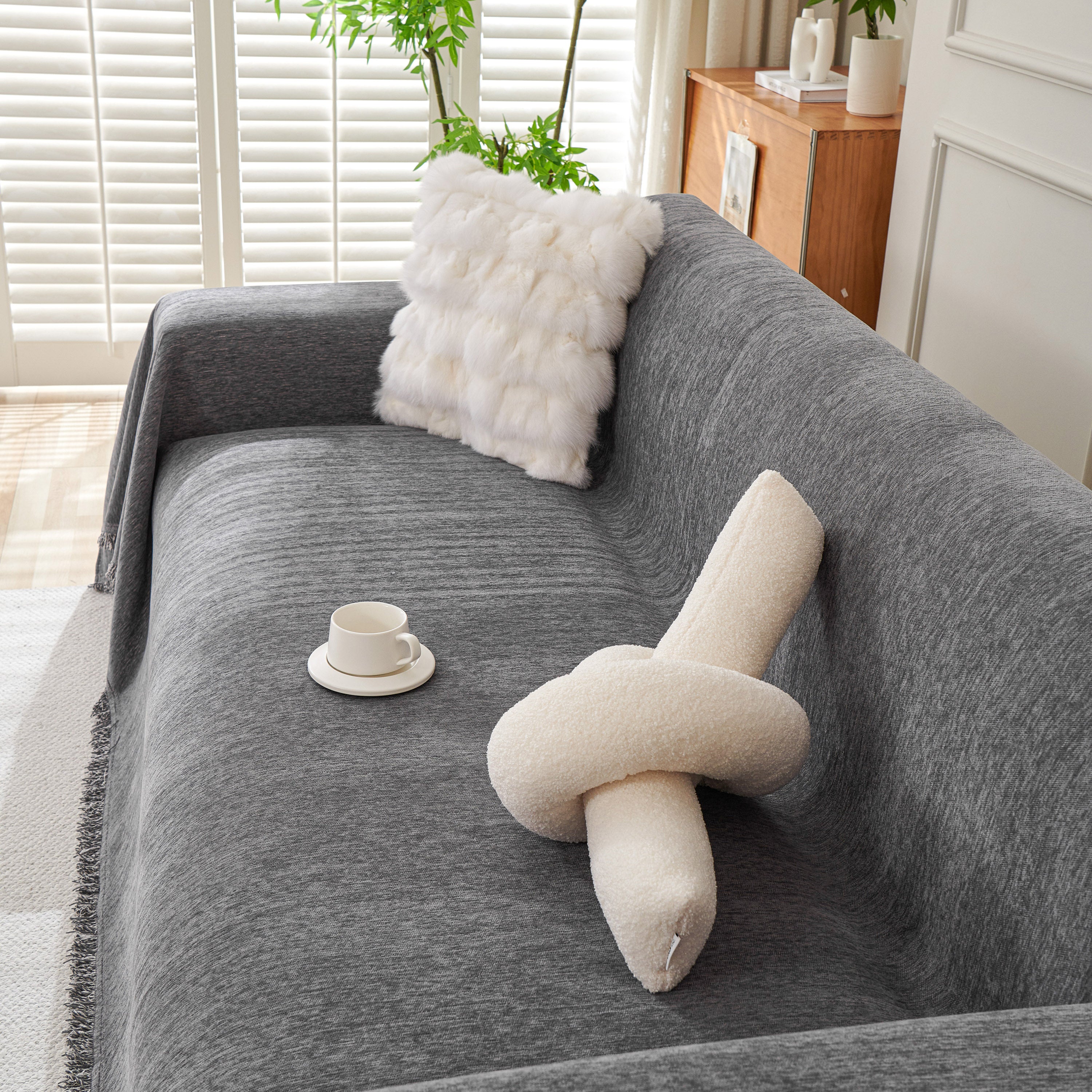 Solid Color Chenille Sofa Throw Blanket, Cozy & Easy Care Fringed Furniture Protector - Image 31