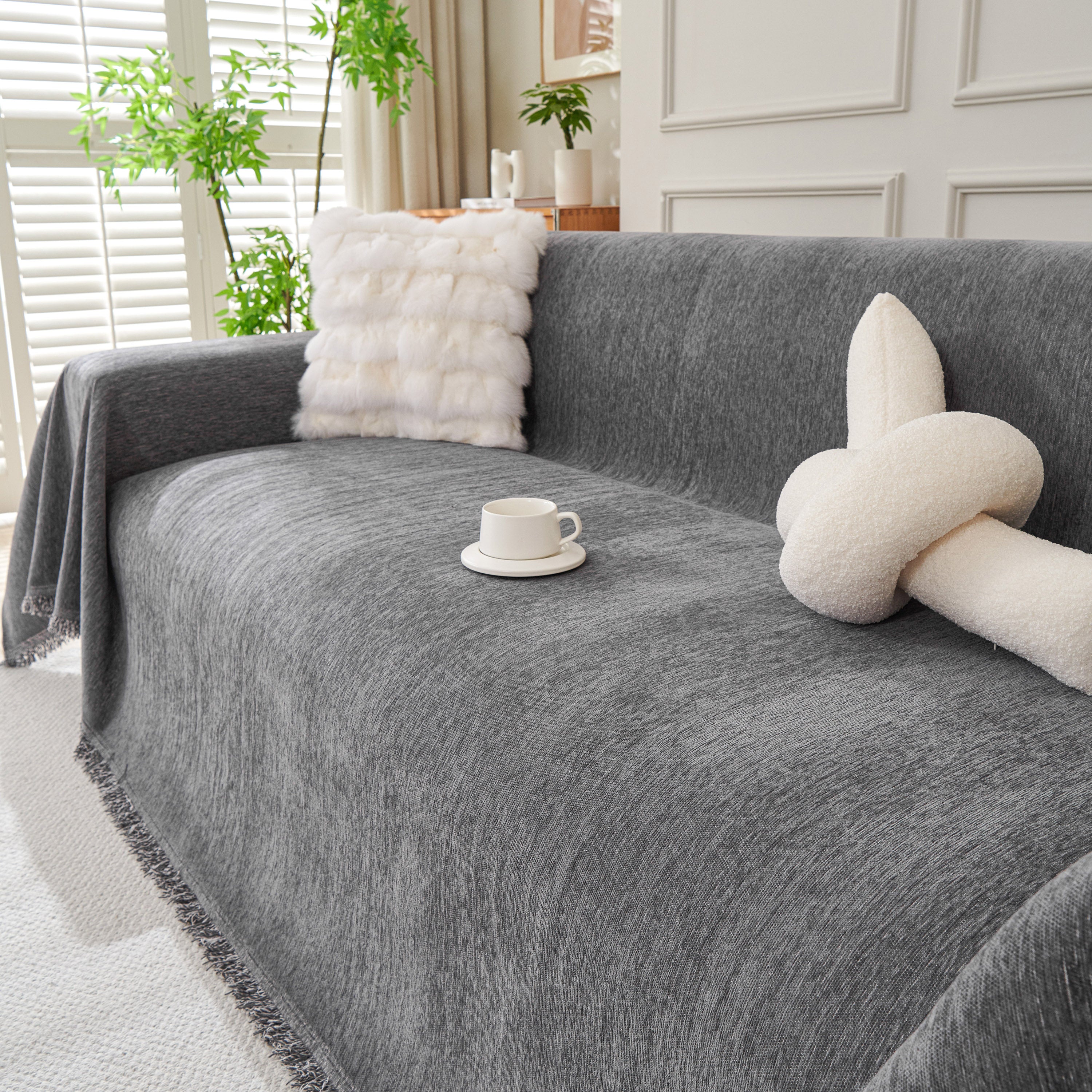 Solid Color Chenille Sofa Throw Blanket, Cozy & Easy Care Fringed Furniture Protector - Image 32