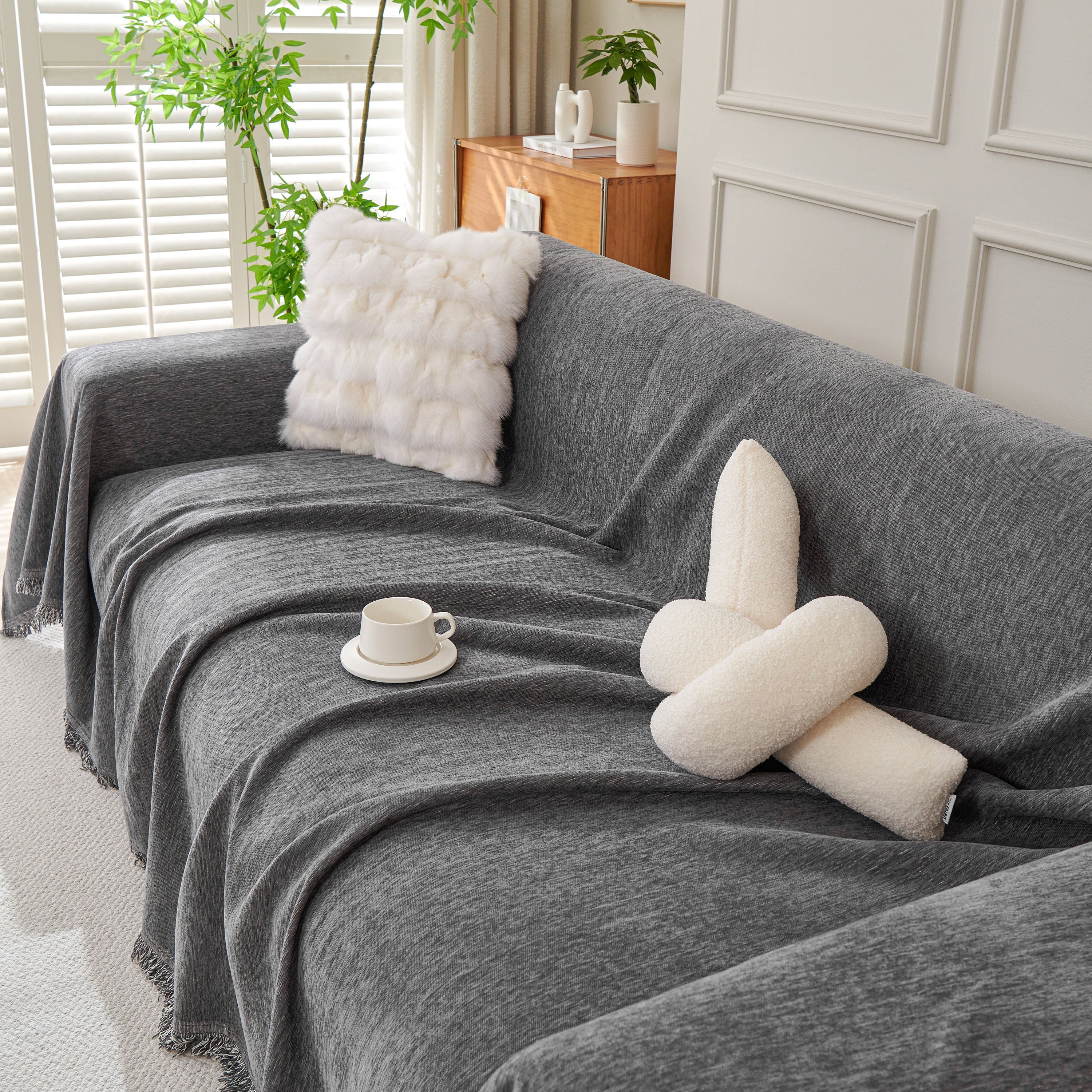 Solid Color Chenille Sofa Throw Blanket, Cozy & Easy Care Fringed Furniture Protector - Image 33