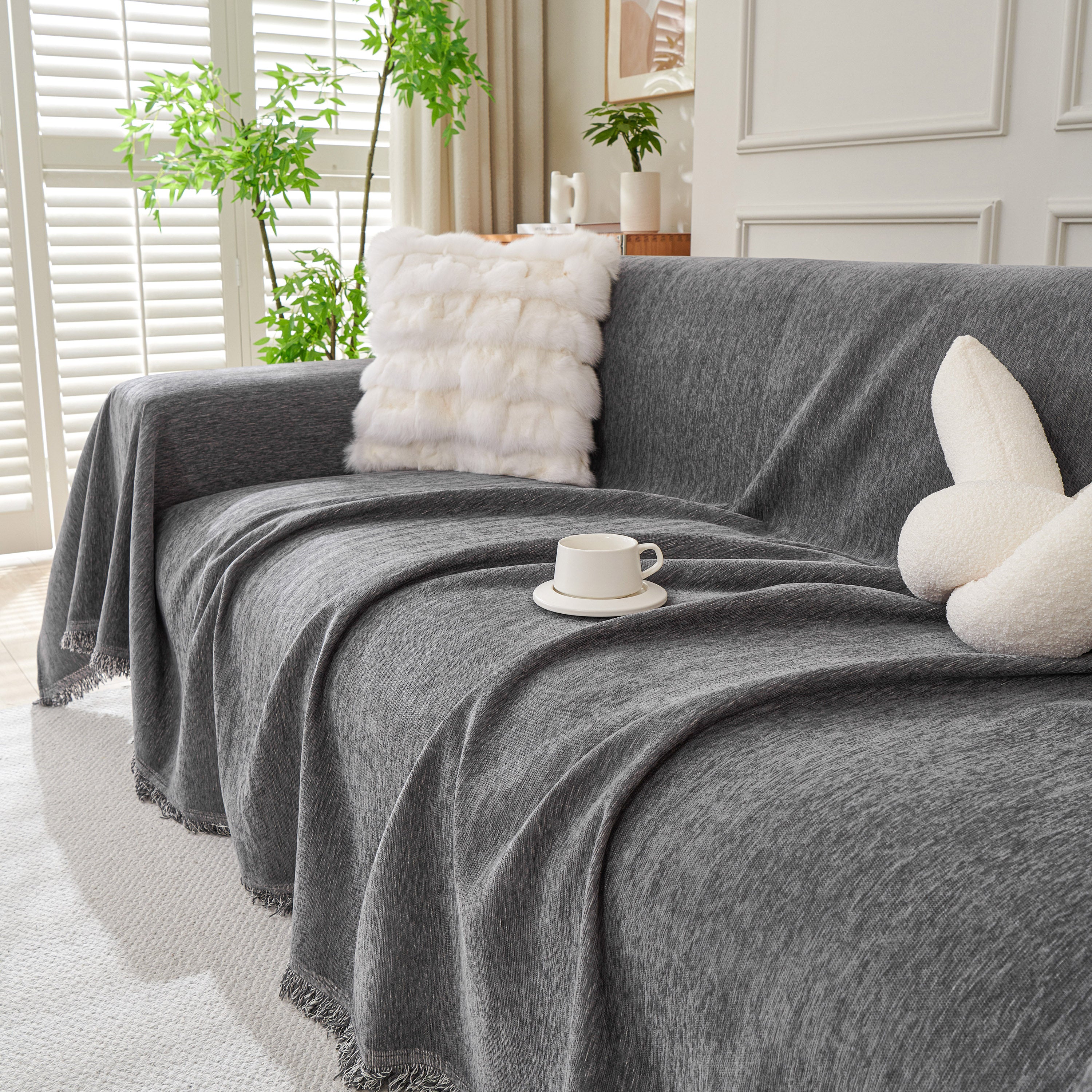 Solid Color Chenille Sofa Throw Blanket, Cozy & Easy Care Fringed Furniture Protector - Image 34