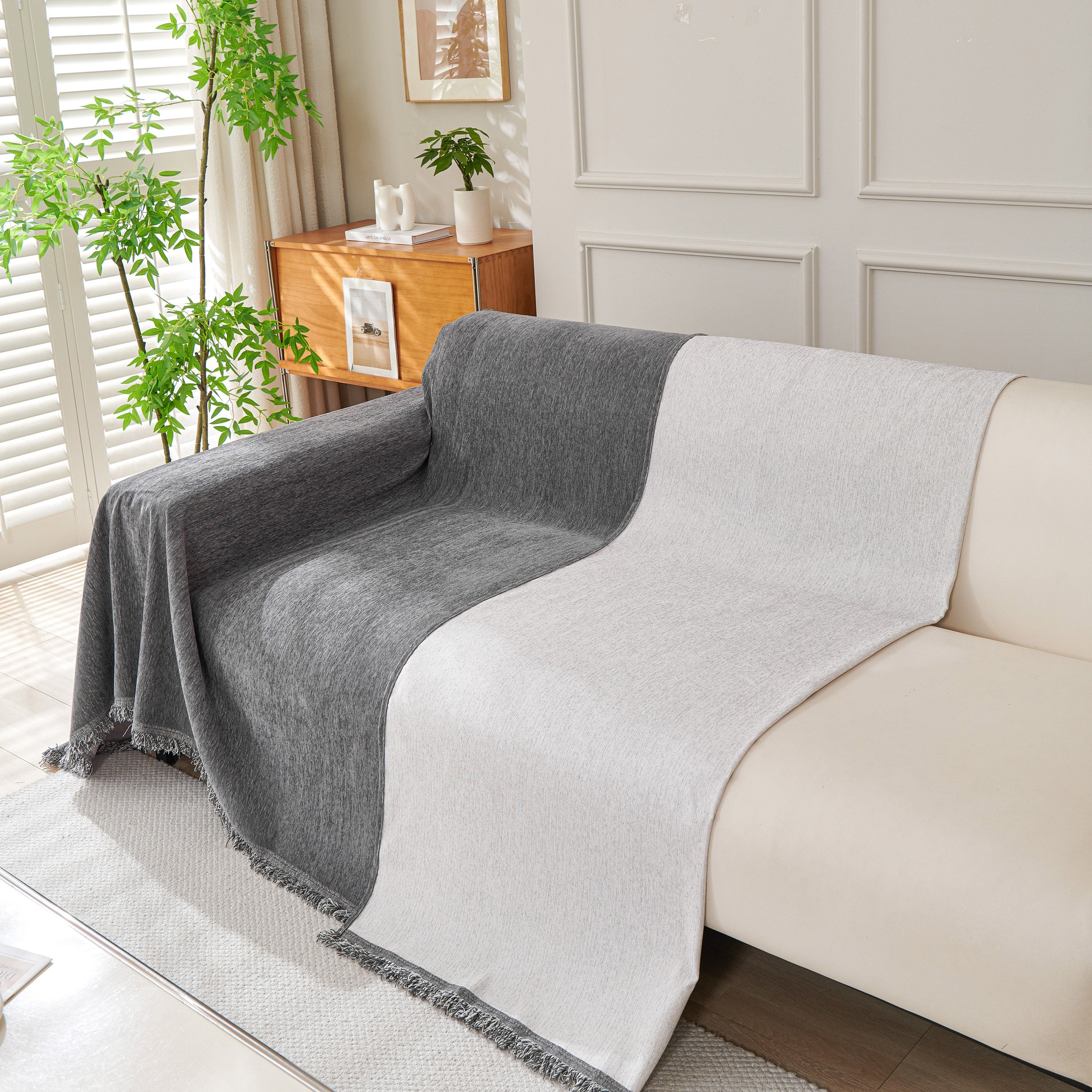 Solid Color Chenille Sofa Throw Blanket, Cozy & Easy Care Fringed Furniture Protector - Image 39