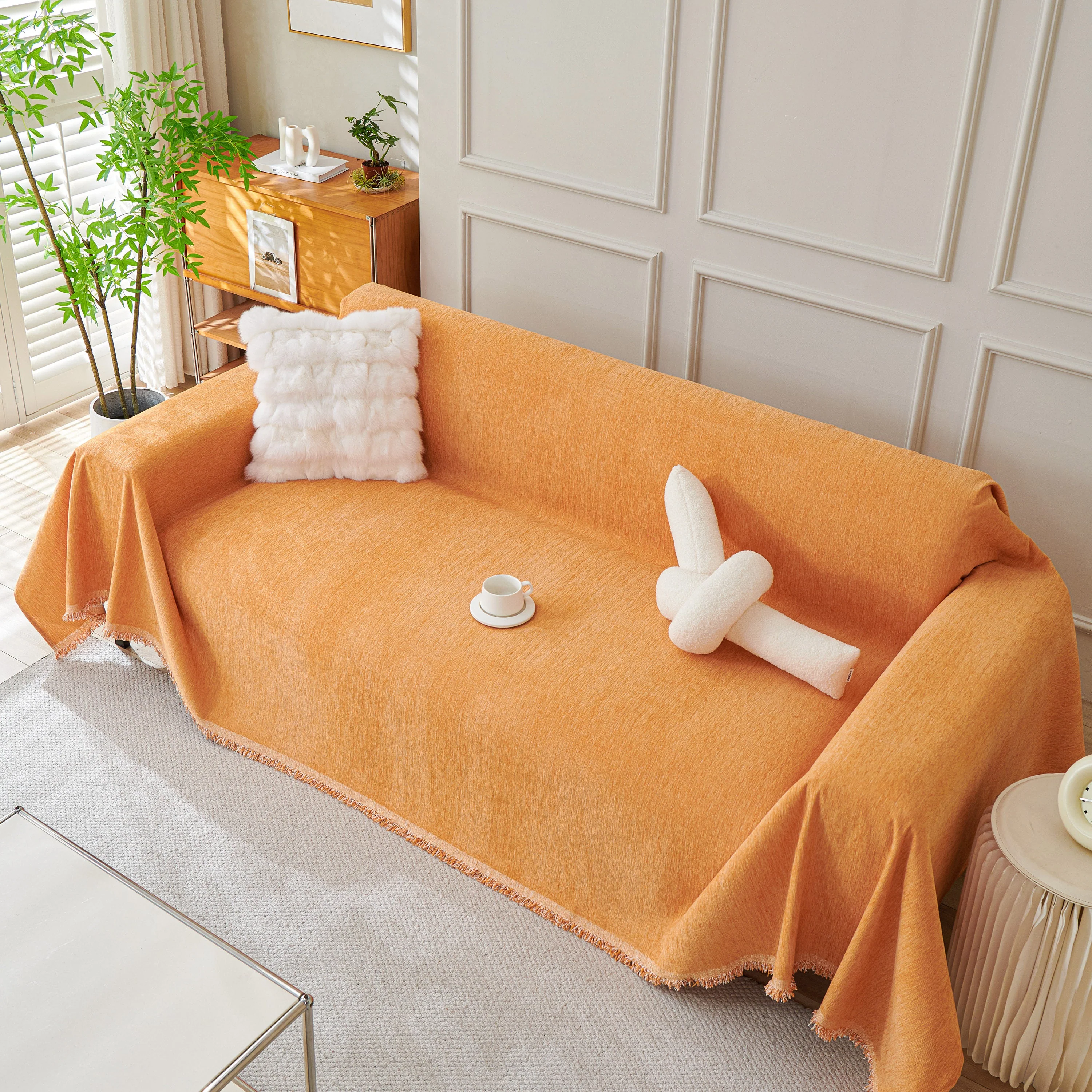 Solid Color Chenille Sofa Throw Blanket, Cozy & Easy Care Fringed Furniture Protector - Image 4