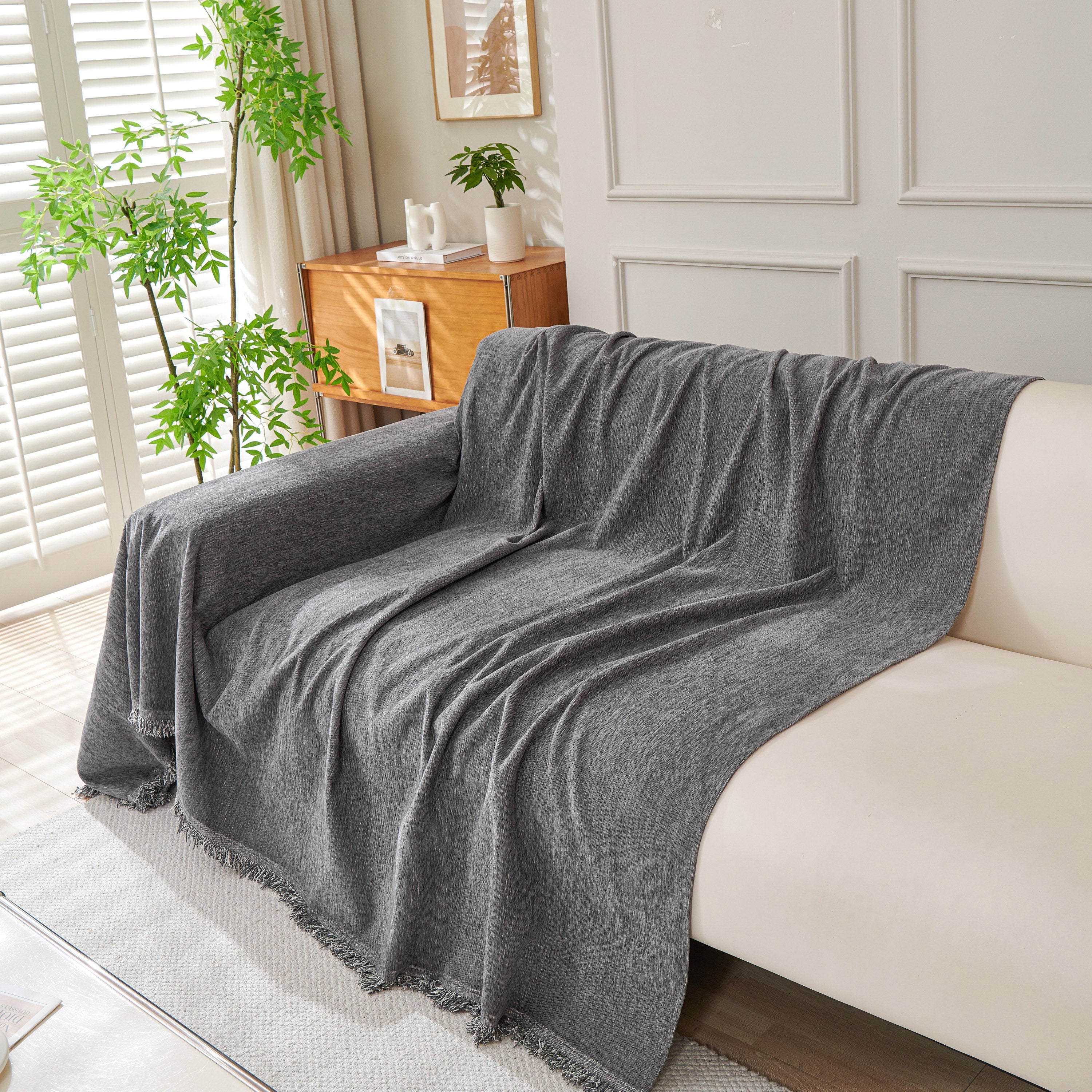 Solid Color Chenille Sofa Throw Blanket, Cozy & Easy Care Fringed Furniture Protector - Image 40