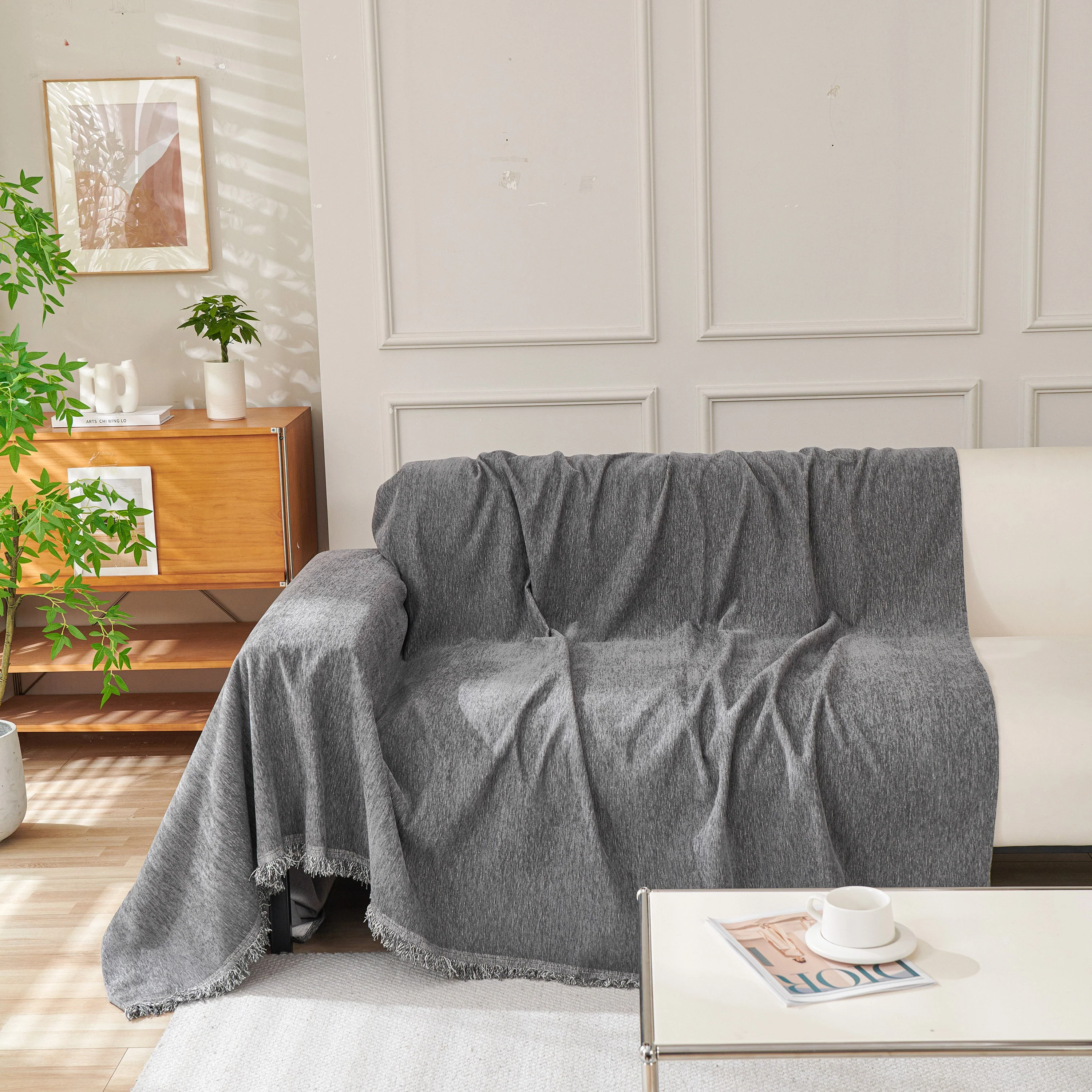 Solid Color Chenille Sofa Throw Blanket, Cozy & Easy Care Fringed Furniture Protector - Image 41