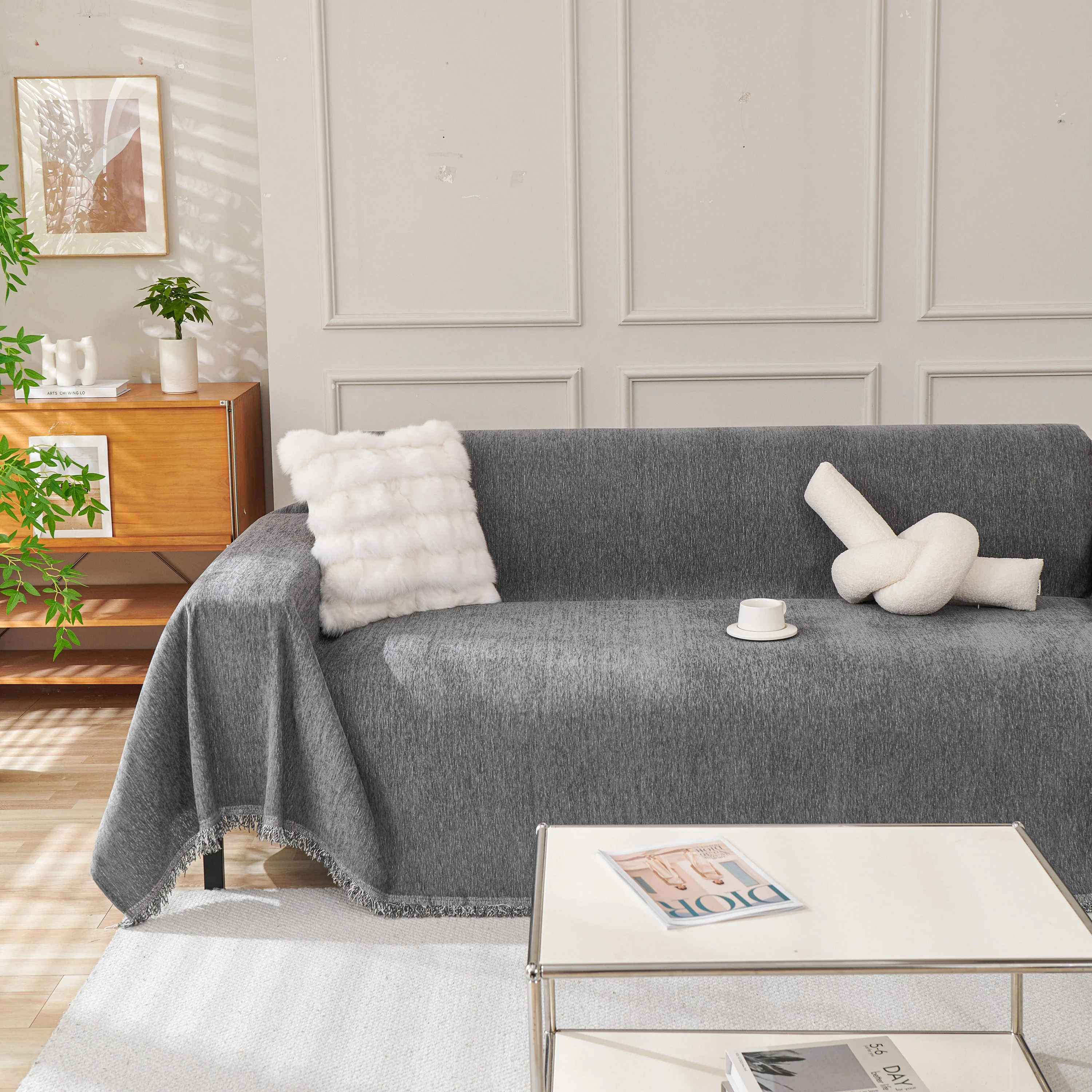 Solid Color Chenille Sofa Throw Blanket, Cozy & Easy Care Fringed Furniture Protector - Image 42