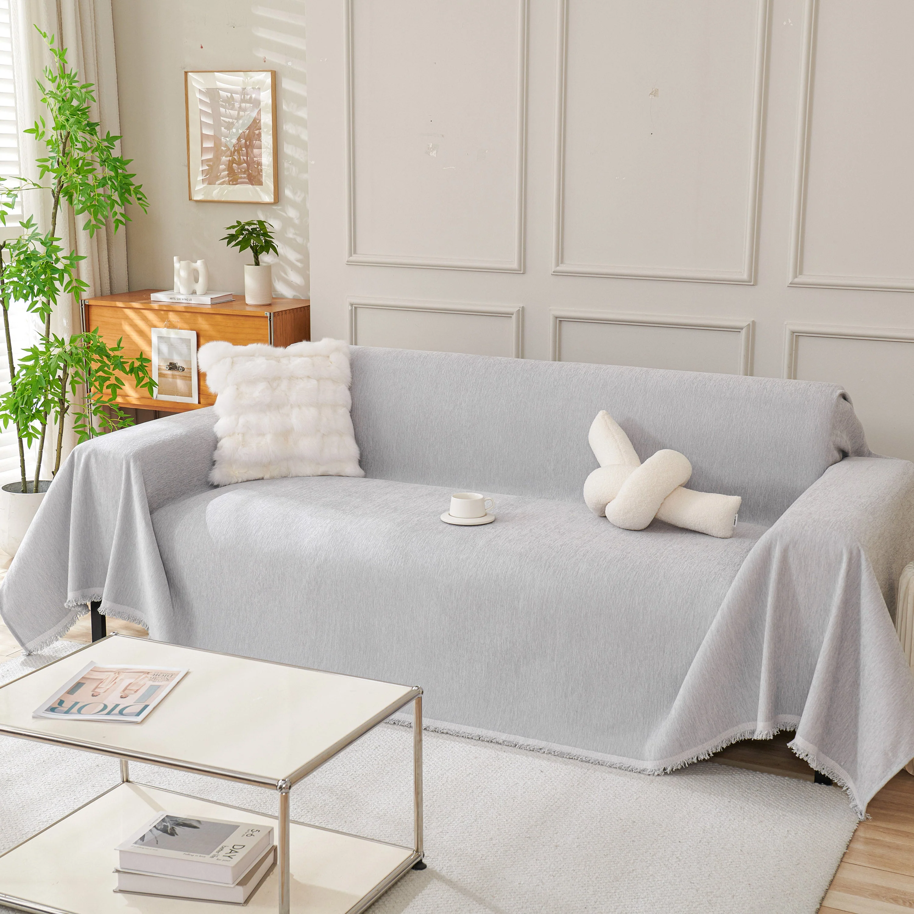 Solid Color Chenille Sofa Throw Blanket, Cozy & Easy Care Fringed Furniture Protector - Image 45