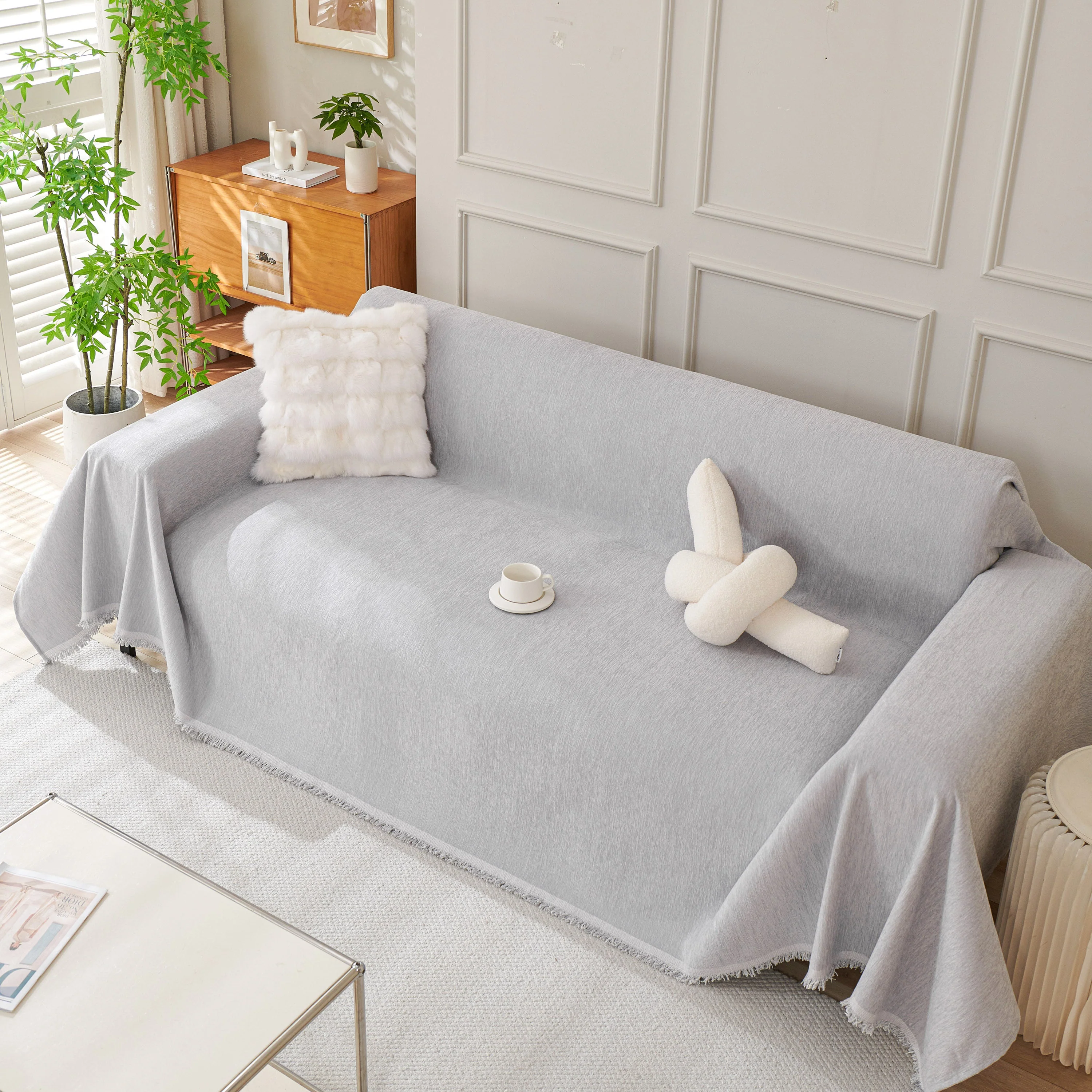 Solid Color Chenille Sofa Throw Blanket, Cozy & Easy Care Fringed Furniture Protector - Image 46
