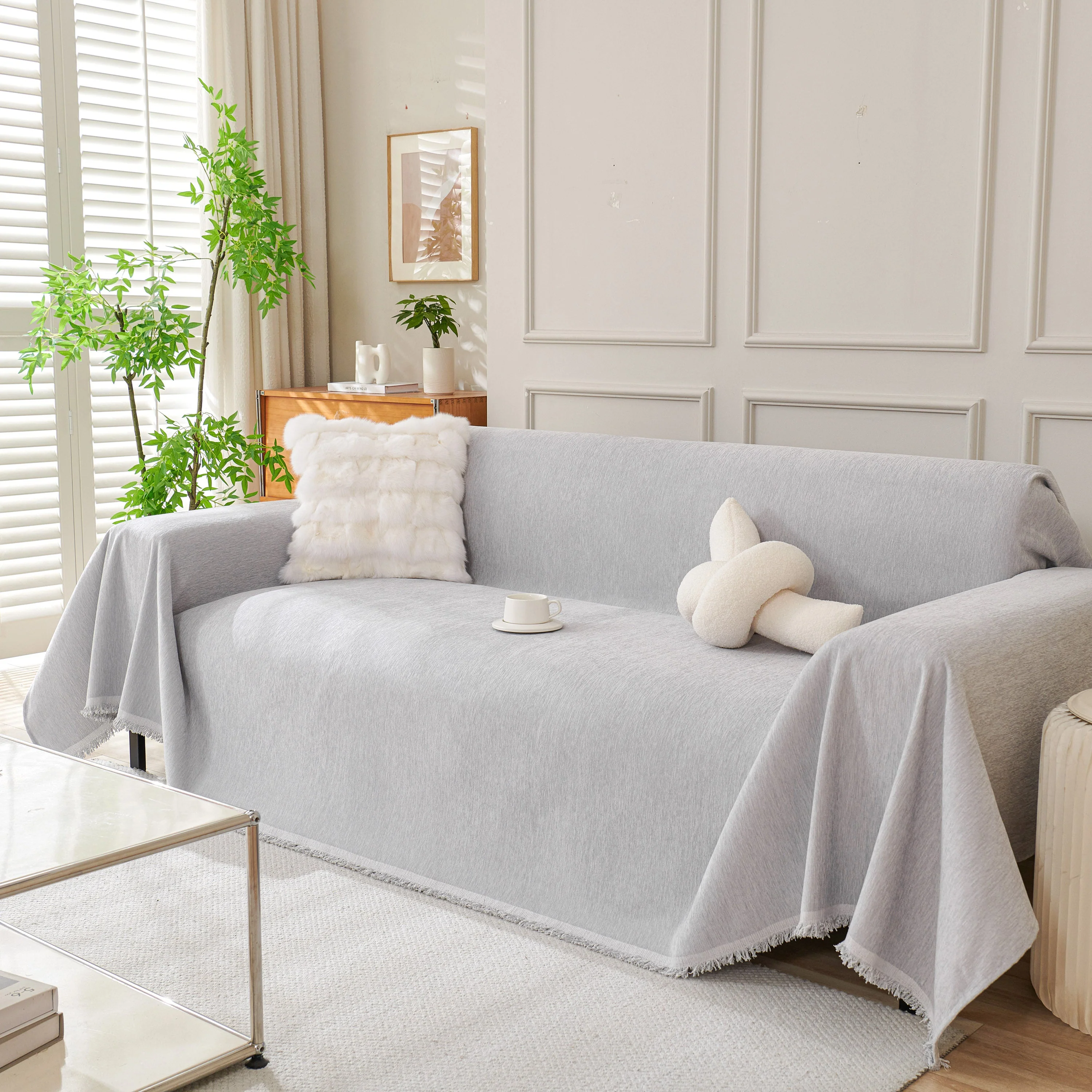 Solid Color Chenille Sofa Throw Blanket, Cozy & Easy Care Fringed Furniture Protector - Image 47