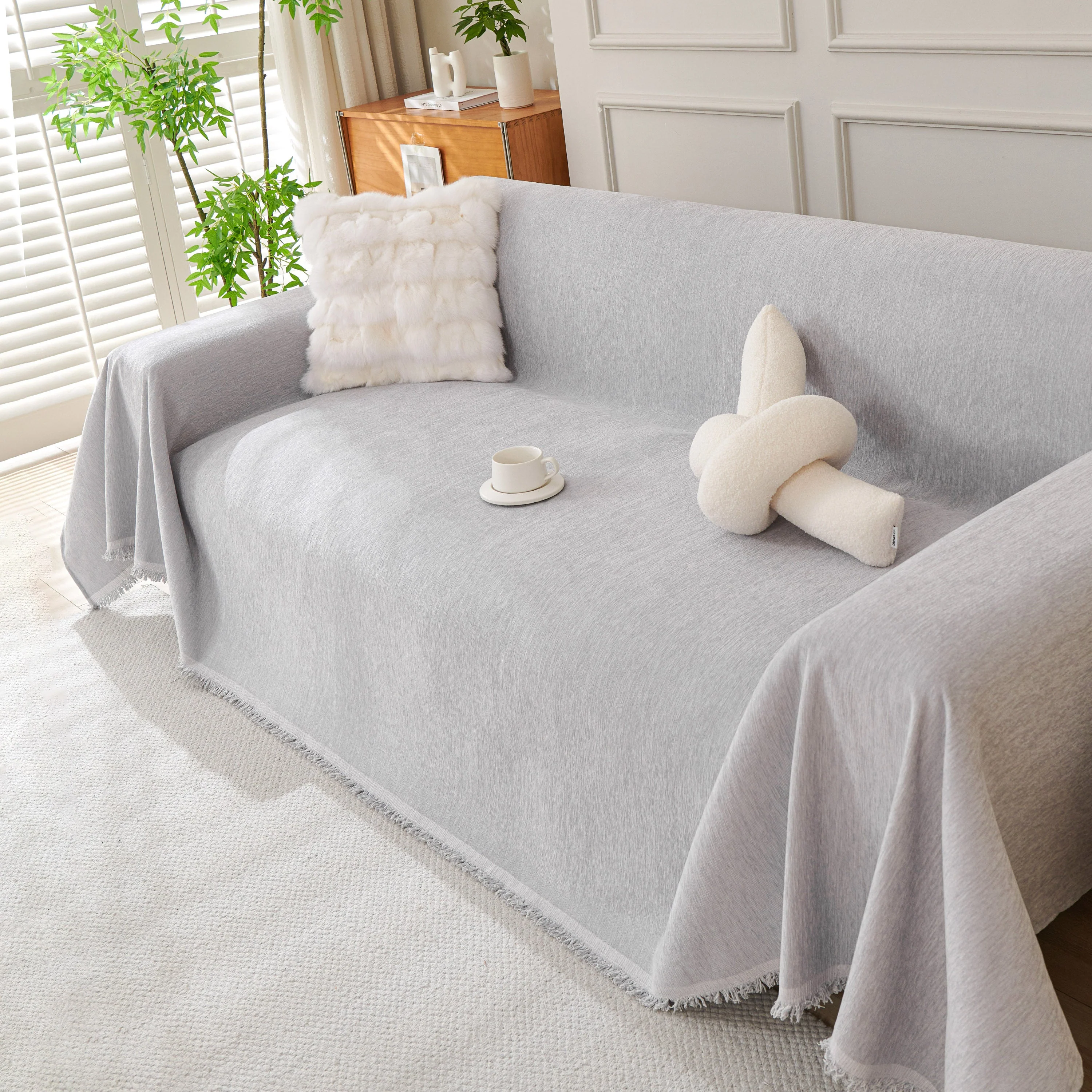 Solid Color Chenille Sofa Throw Blanket, Cozy & Easy Care Fringed Furniture Protector - Image 48