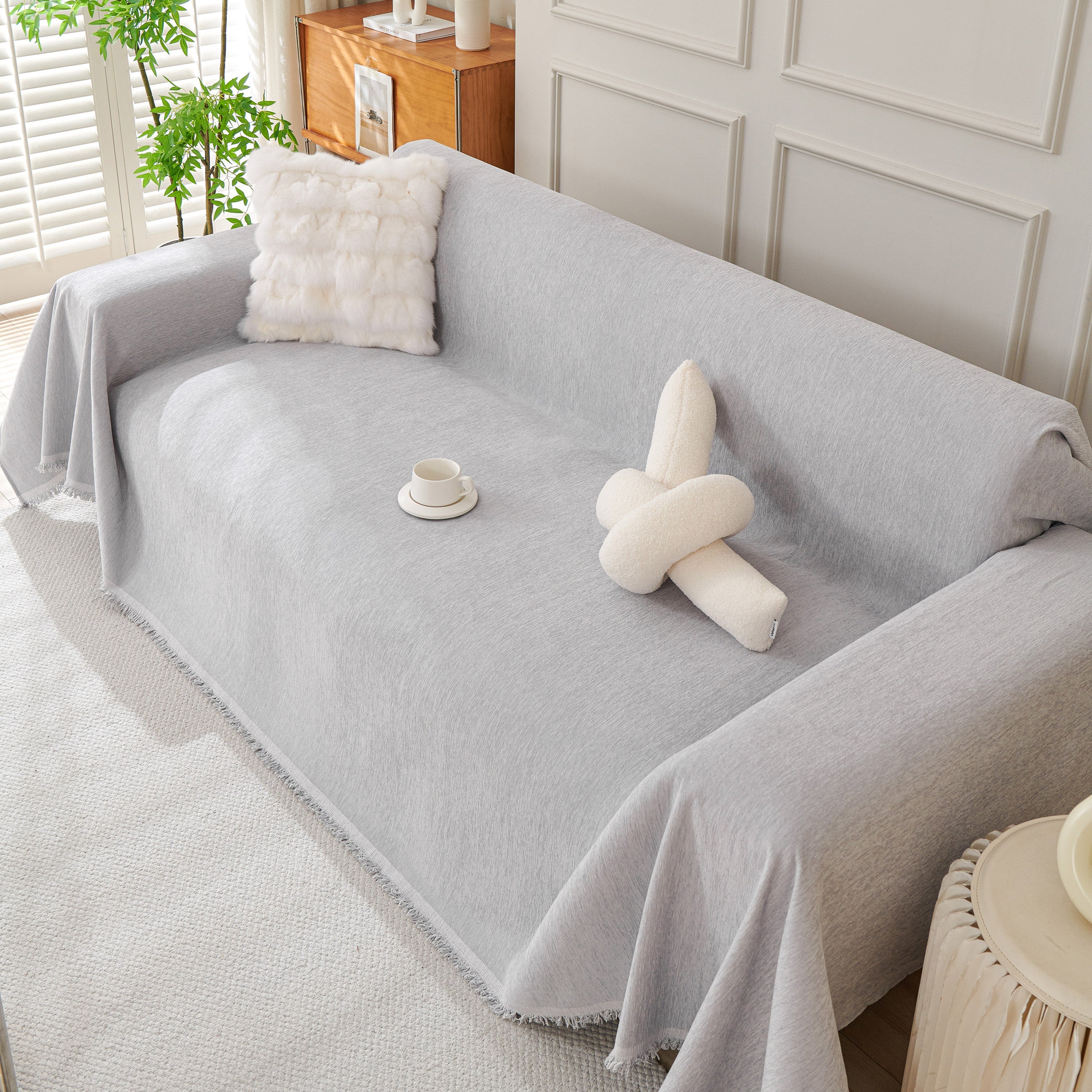 Solid Color Chenille Sofa Throw Blanket, Cozy & Easy Care Fringed Furniture Protector - Image 49