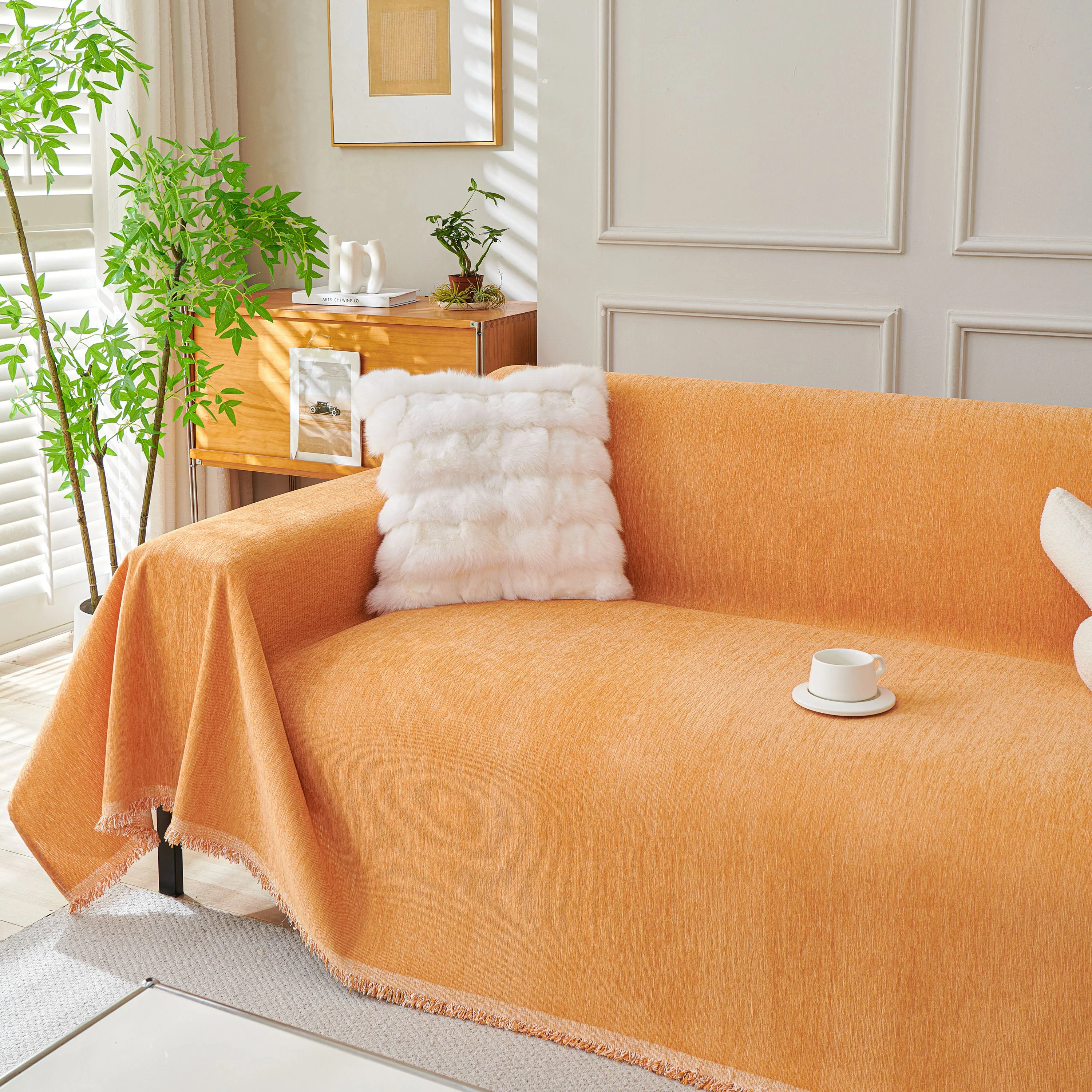 Solid Color Chenille Sofa Throw Blanket, Cozy & Easy Care Fringed Furniture Protector - Image 5