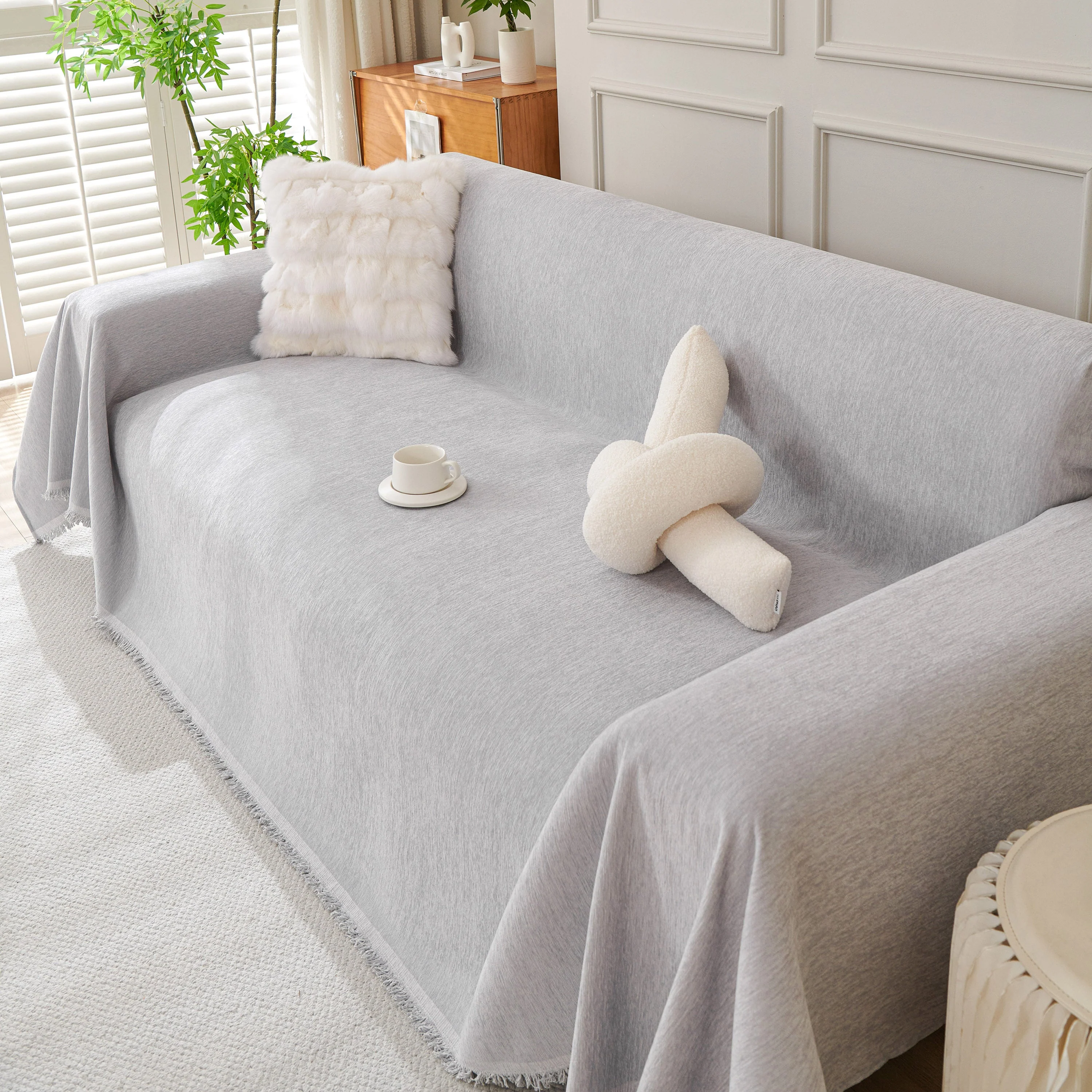 Solid Color Chenille Sofa Throw Blanket, Cozy & Easy Care Fringed Furniture Protector - Image 50
