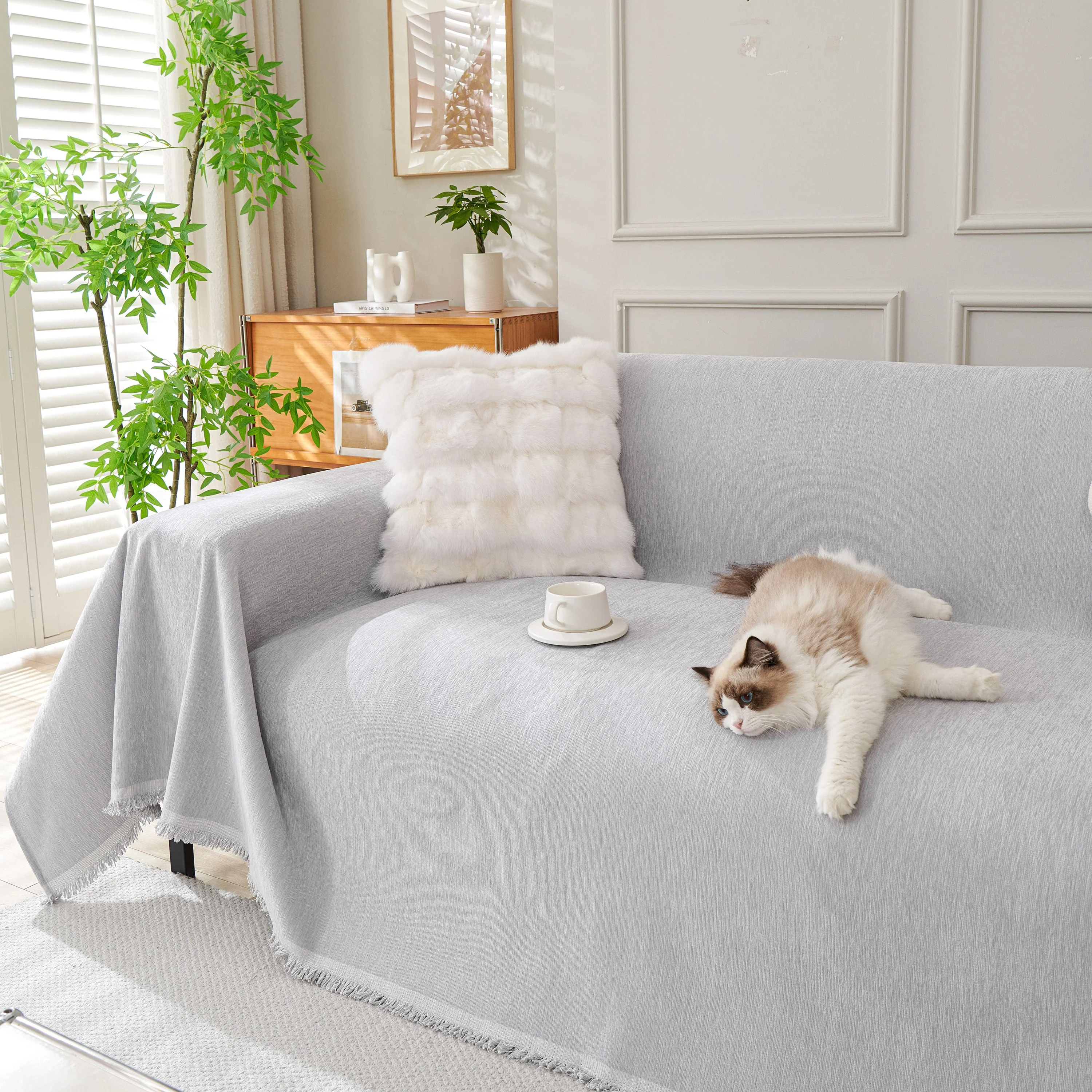 Solid Color Chenille Sofa Throw Blanket, Cozy & Easy Care Fringed Furniture Protector - Image 54