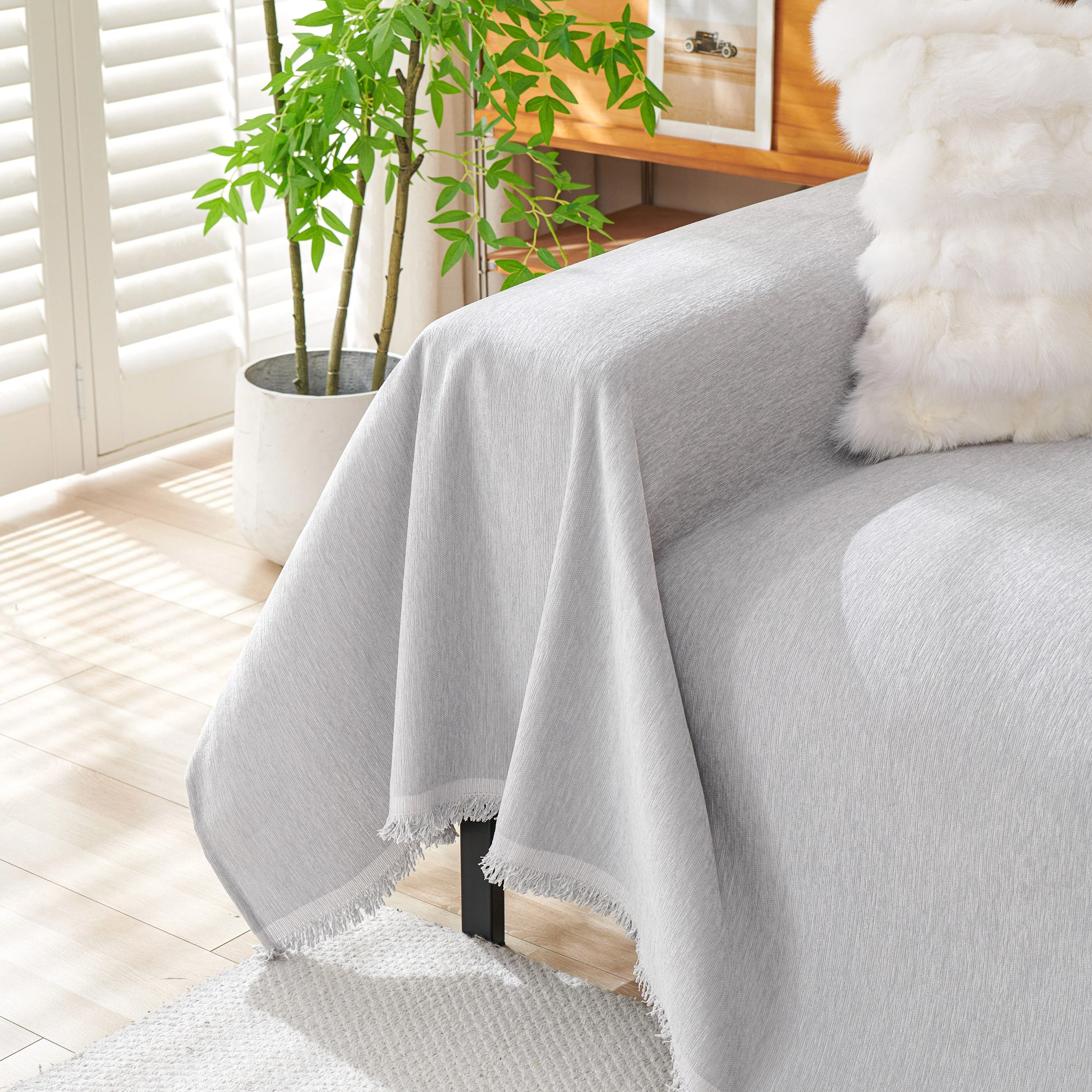 Solid Color Chenille Sofa Throw Blanket, Cozy & Easy Care Fringed Furniture Protector - Image 55