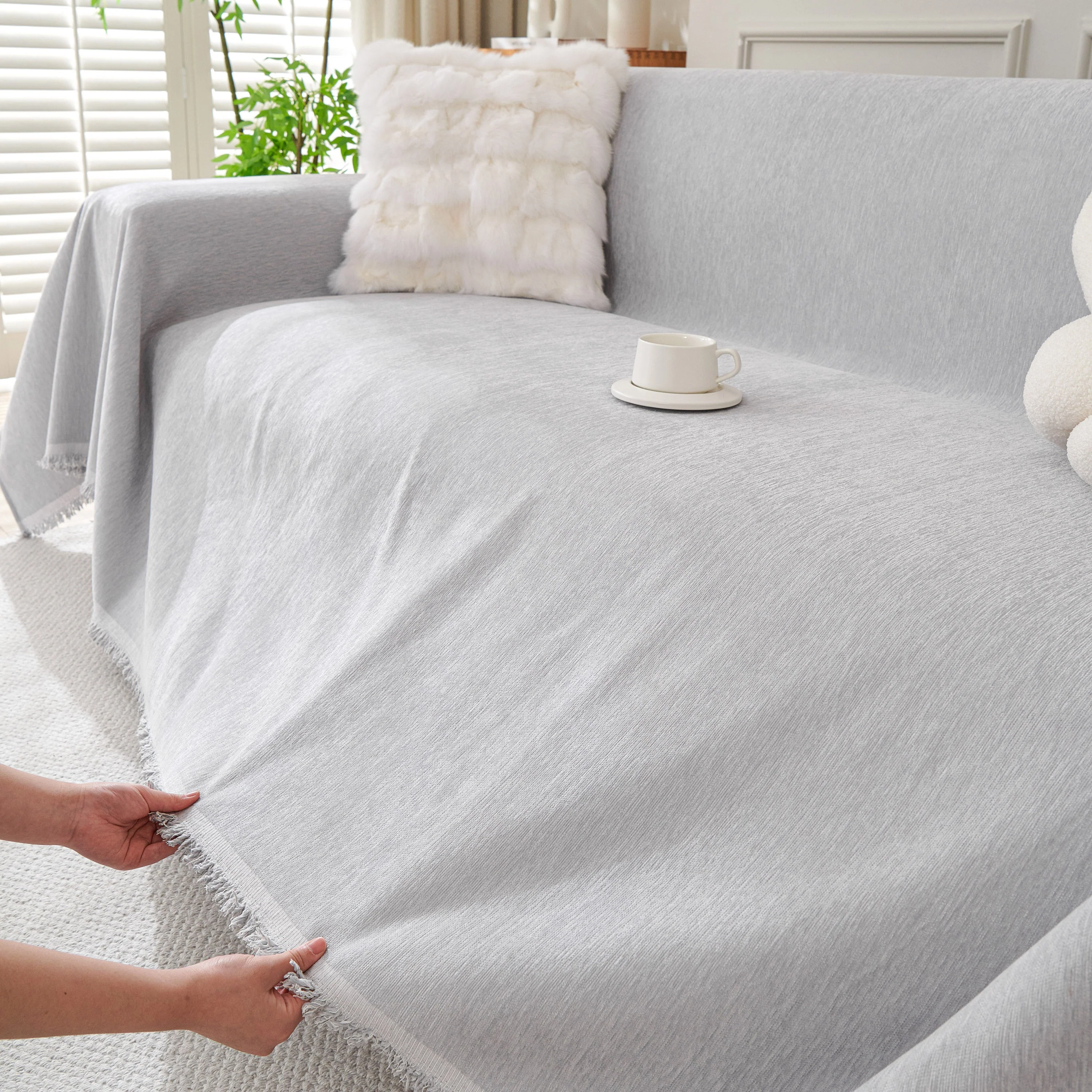 Solid Color Chenille Sofa Throw Blanket, Cozy & Easy Care Fringed Furniture Protector - Image 56