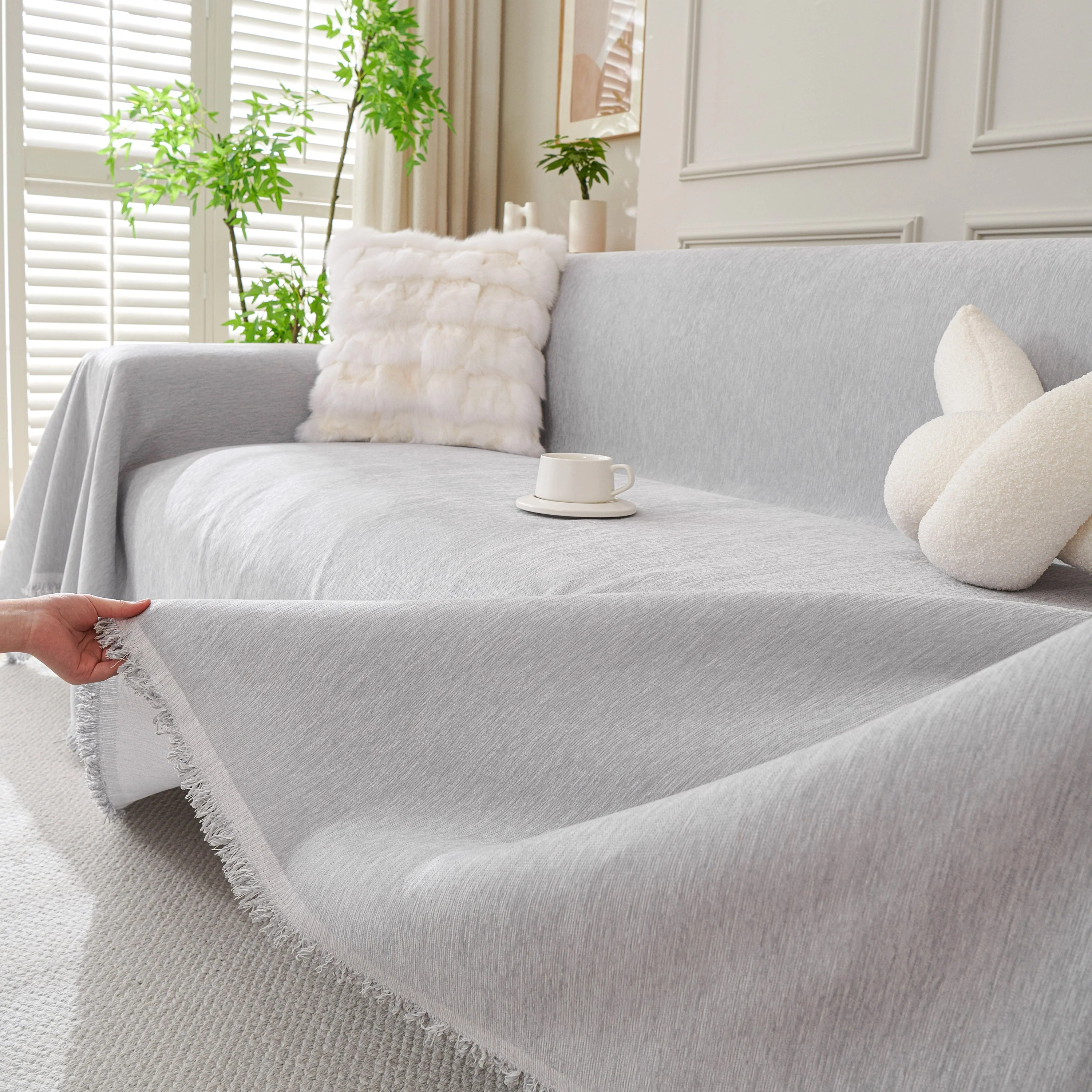 Solid Color Chenille Sofa Throw Blanket, Cozy & Easy Care Fringed Furniture Protector - Image 57